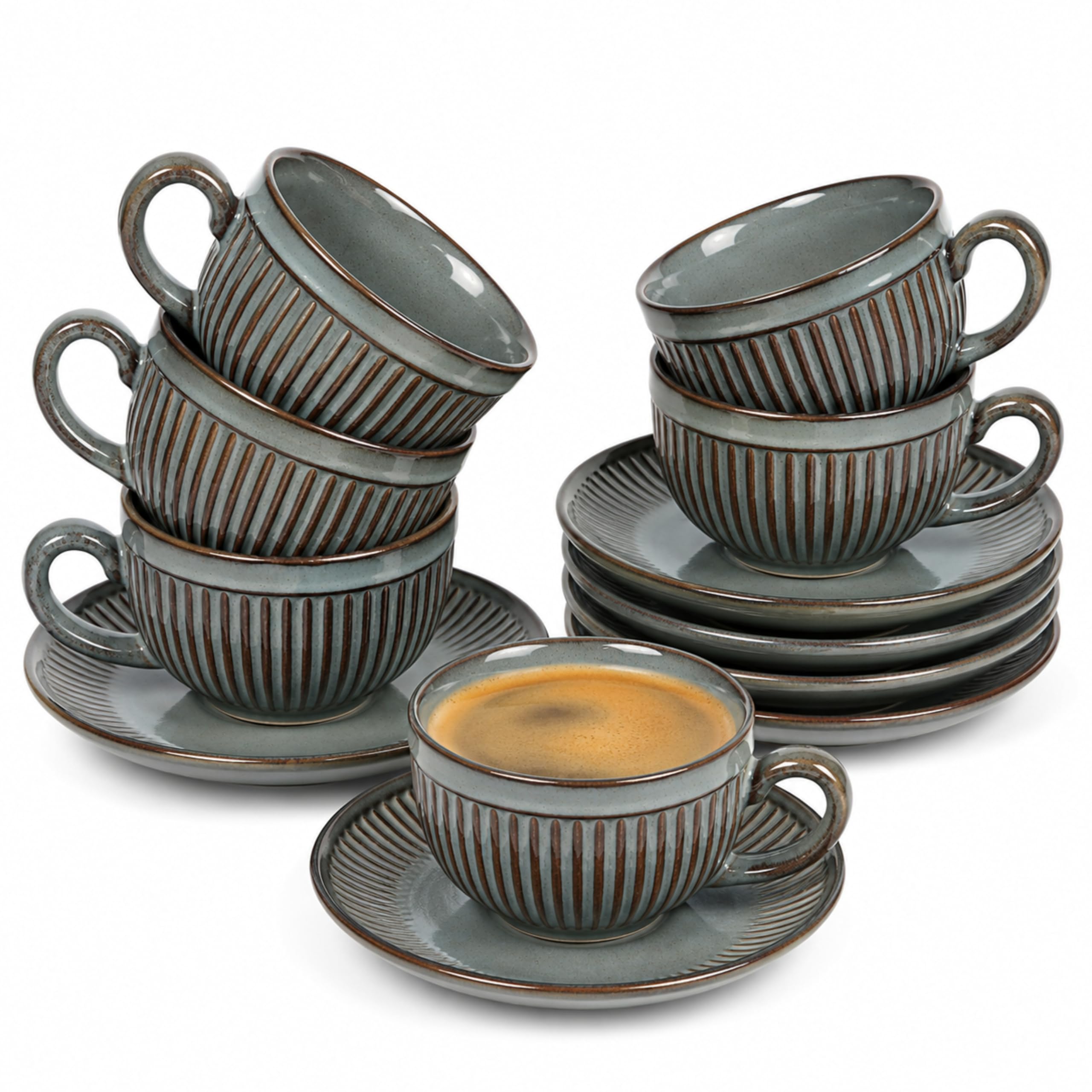 6 Tasses à Café Expresso avec Soucoupes-Tasses 100ml avec Anse - Motif Rayé - Couleurs Uniques de Kiln, Parois Épaisses, Coffret Luxe,Conserve la Chaleur, Idéale pour Café & Thé - Gris
