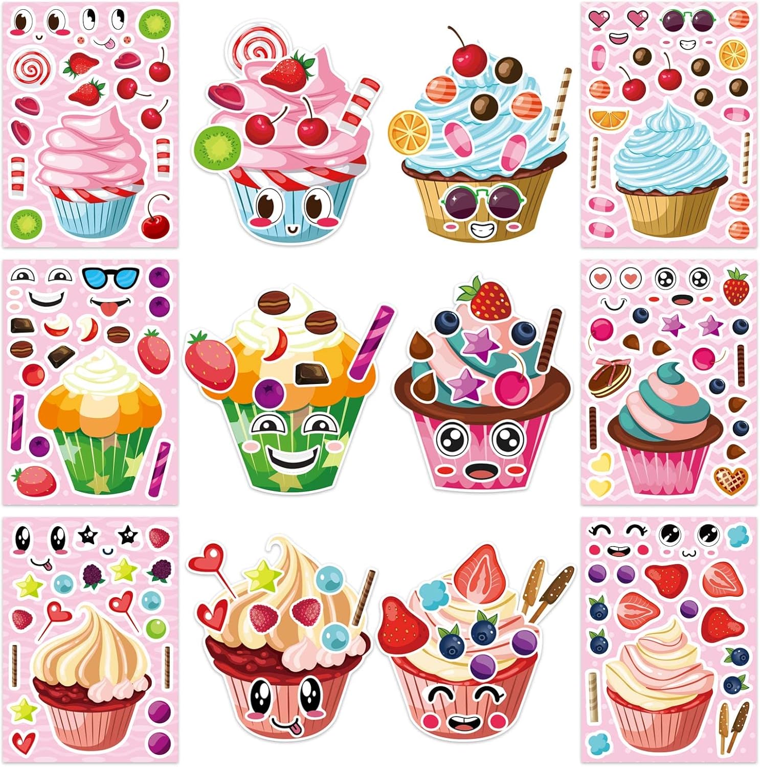 36 Pieces Make-a-face Stickers Pack, Mixed & Matched with 12 Designed(3 of Each) Stickers, Make Your Own Stickers Cakes & Doughnuts for Kids Teen Party Decoration, Reward, Decor, Gift Idea