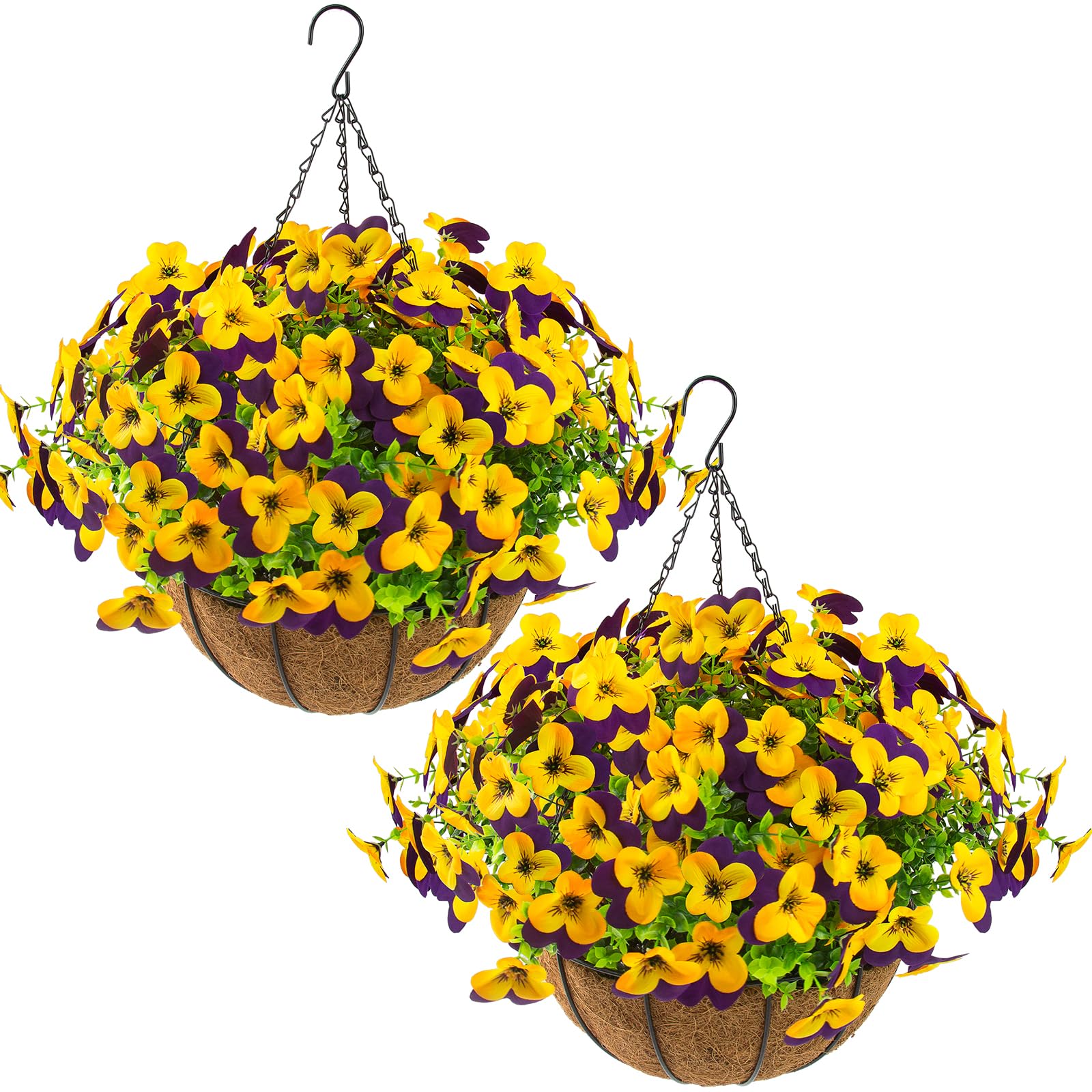 lovemoon 2 Set Artificial Outdoor Pansies Flowers with Hanging Baskets, 2 Hanging Planters with 24 Pcs Silk Pansy Flowers for Spring Easter Decorations Porch Patio Home Decor (2, Purple, Yellow)