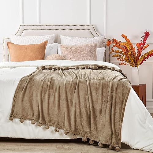 Miniatura 2 de BYTIDE Manta con pompones para sofá, manta de franela de vellón con borlas de flecos de pompones, manta afelpada, acogedora, cálida, suave, ligera