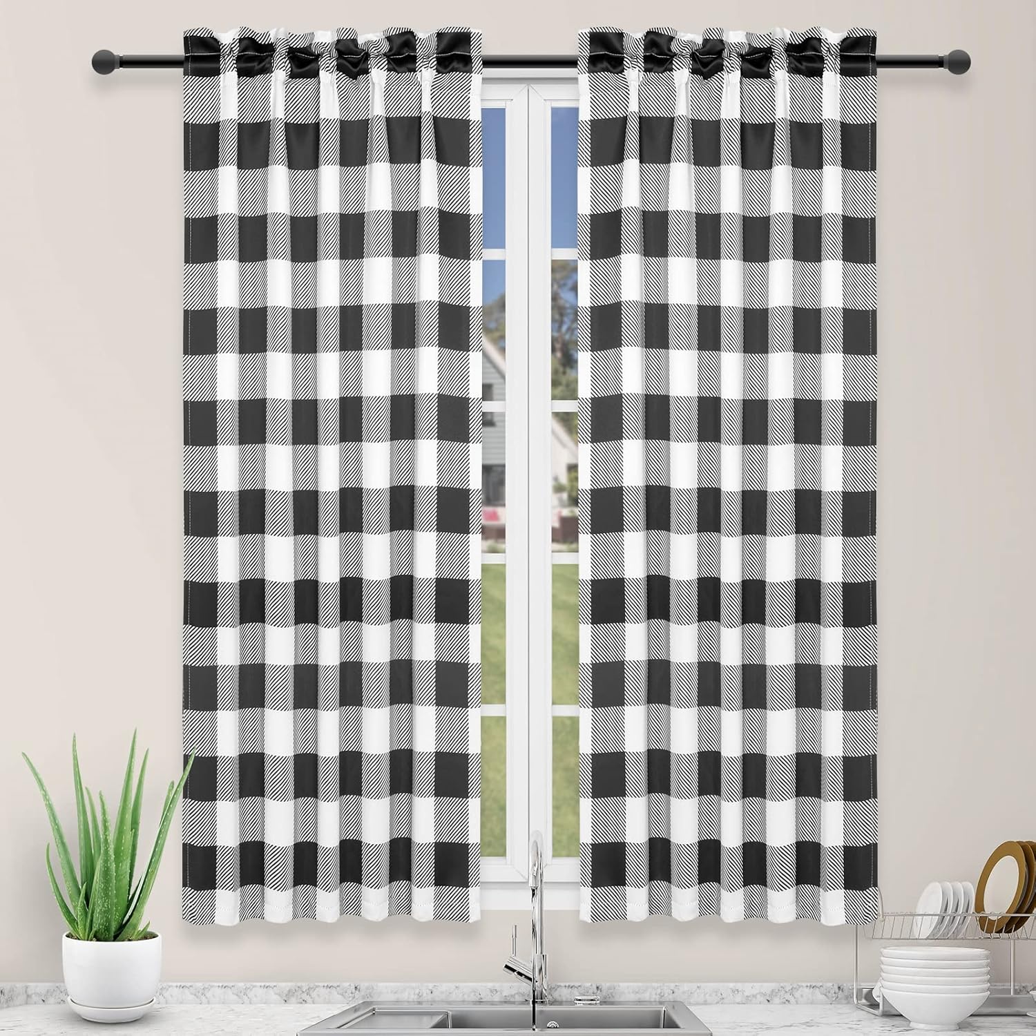Simple Deluxe Buffalo Check Kitchen Tier Curtains, Plaid Gingham Small Curtain for Half Cafe Windows, 26" W x 45" L, Black and White
