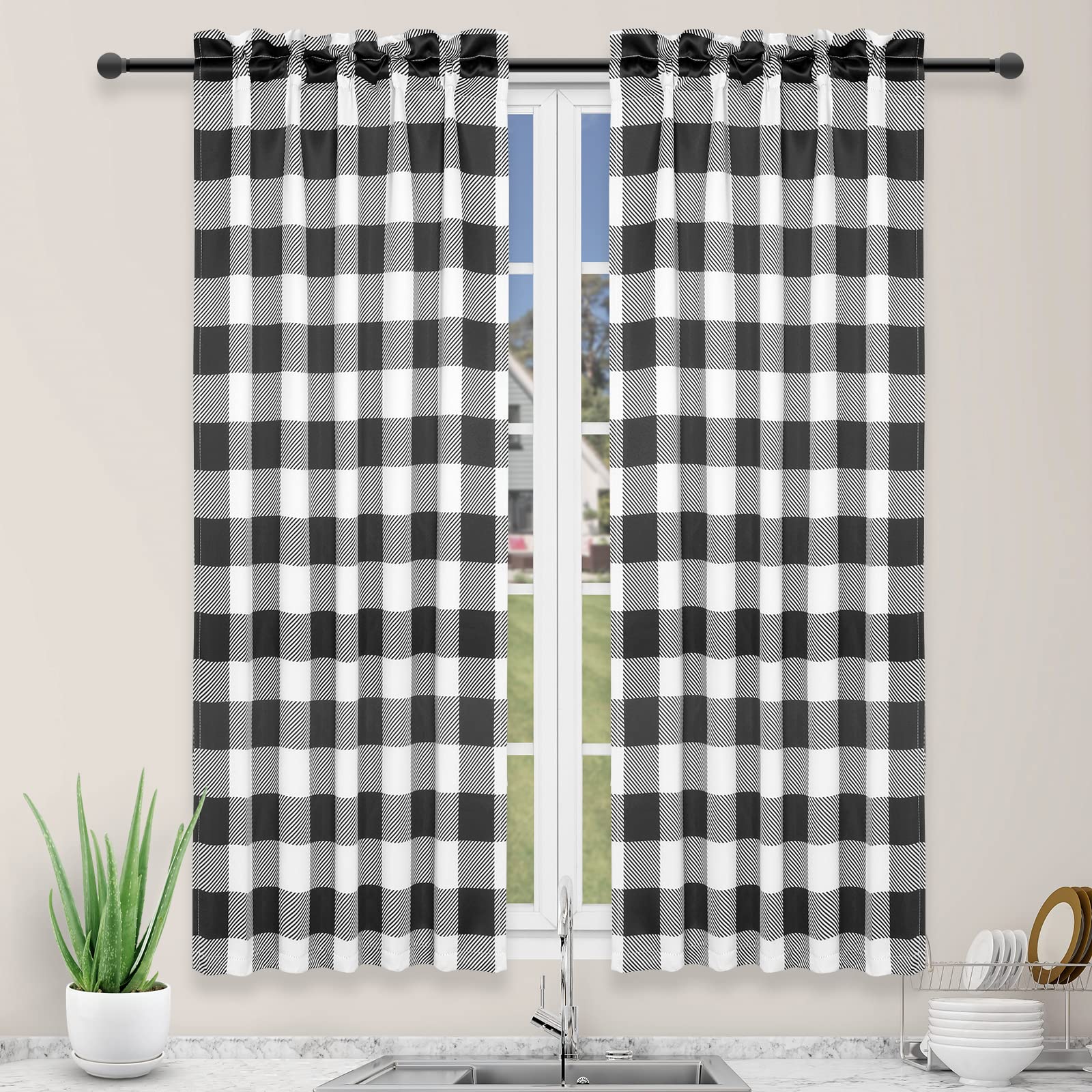 Rideaux de cuisine vichy noir et blanc 66x114cm pour demi-fenêtre
