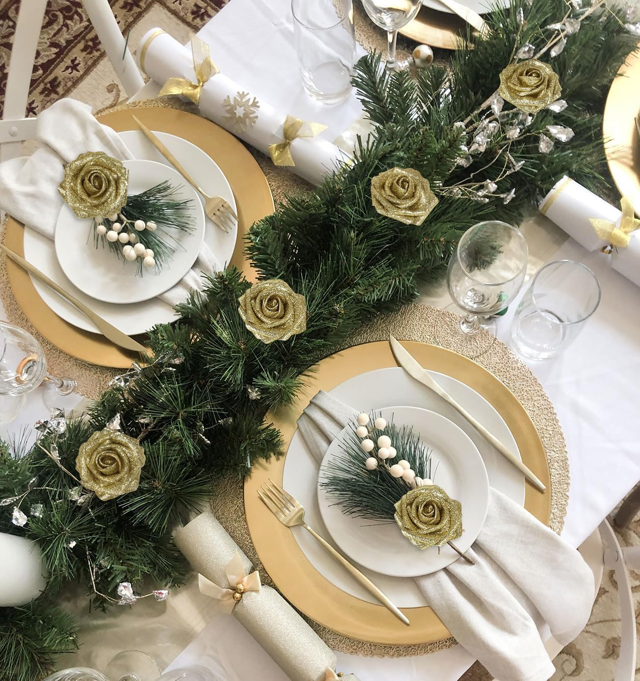 Gold Glitter Roses 30PCS 3.15" Artificial Roses with Stems for DIY Wreath Wedding Christmas Home Party Decor - Image 7