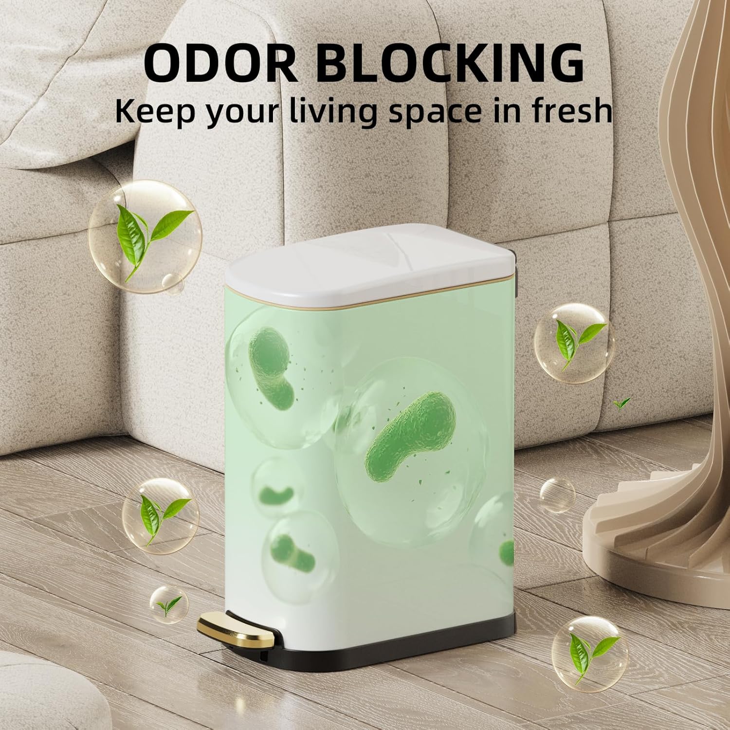 2.6 Gal Stainless Steel Trash Can with Soft Close Stay Open Lid, Small Rectangular 10L Waste bin for Narrow Space, Waterproof, Odor Protection, White