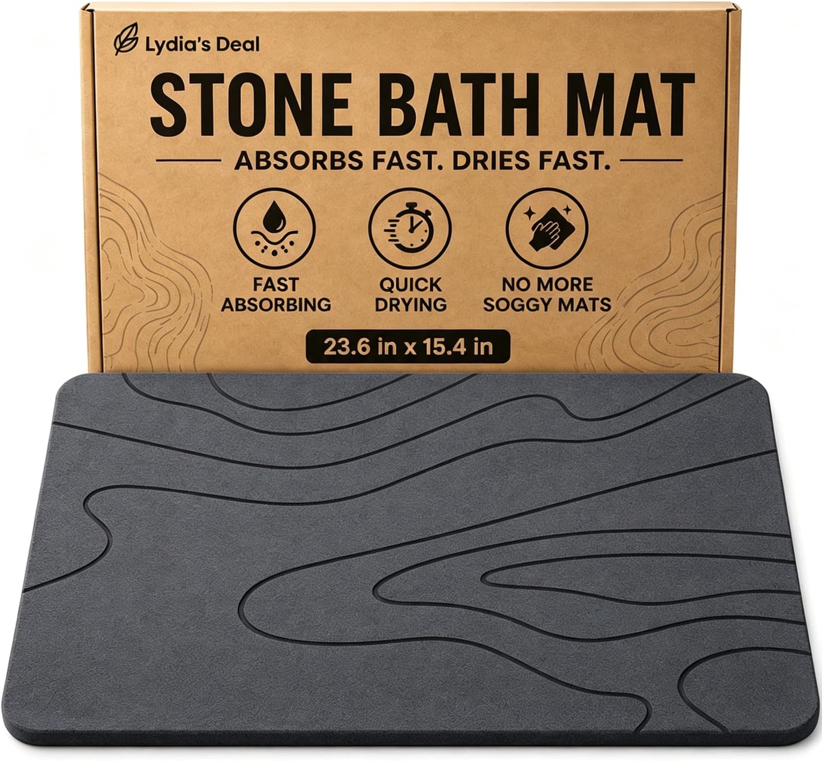 Stone Bath Mat โ Non-Slip Diatomaceous Earth Shower Mat, Super Absorbent & Quick-Drying Bathroom Floor Mat, Easy-to-Clean Diatomite Bath Stone for Safer, Dryer Steps (23.6" x 15.4", Gray)