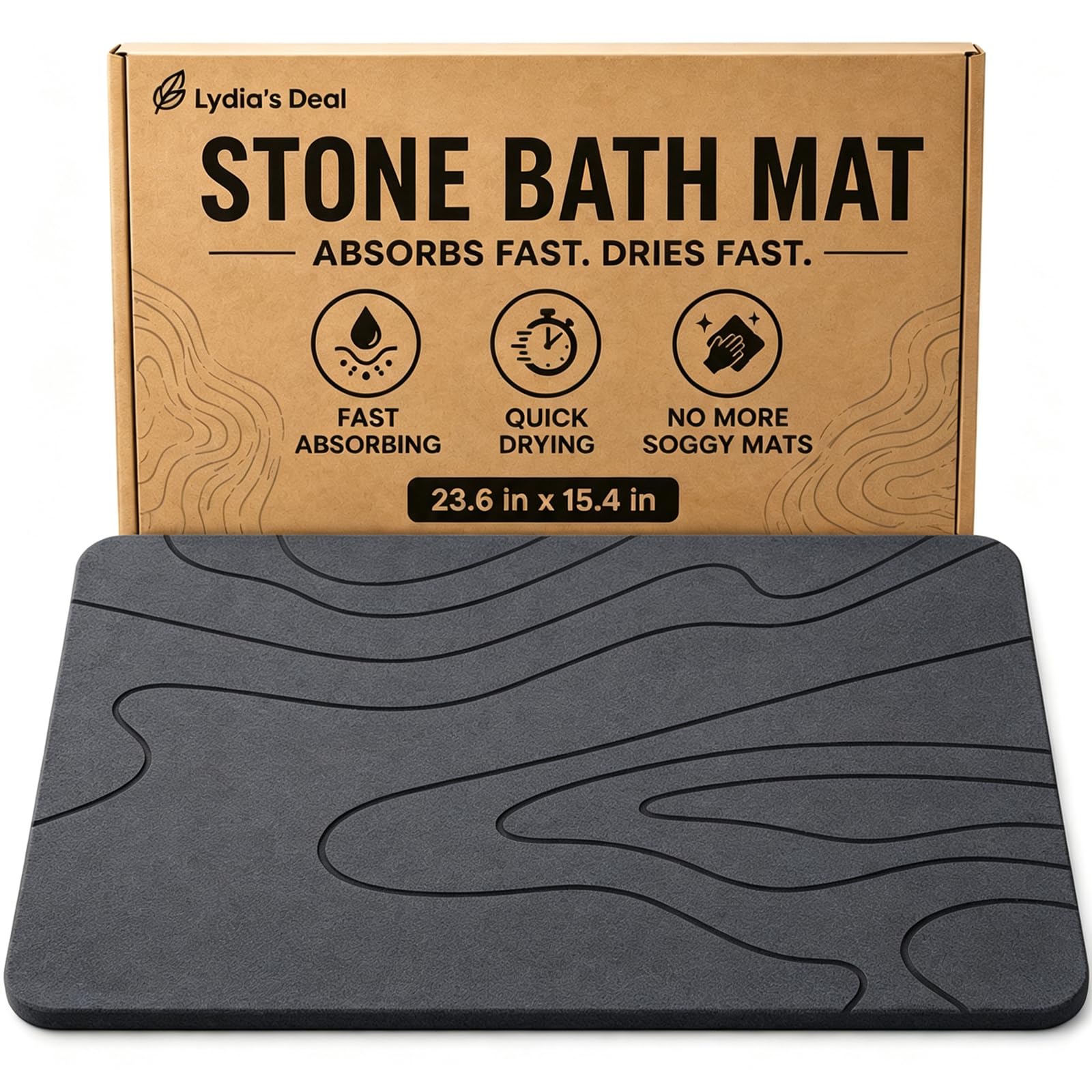 Stone Bath Mat – Non-Slip Diatomaceous Earth Shower Mat, Super Absorbent & Quick-Drying Bathroom Floor Mat, Easy-to-Clean Diatomite Bath Stone for Safer, Dryer Steps (23.6" x 15.4", Gray)