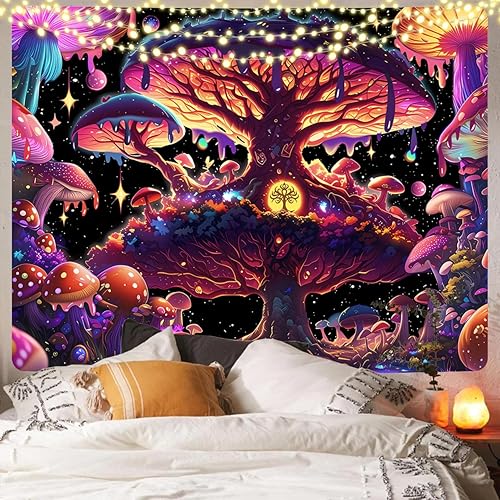 Miniatura 5 de LZBXBXDA Tapiz de hongos con luz negra, tapiz de plantas de fantasía, tapiz de hongos que brilla en la oscuridad, tapiz de luna de luz negra,
