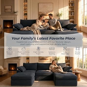 Modular Sectional Sofa with Movable Ottoman, Boneless U-Shaped Cloud Couch
