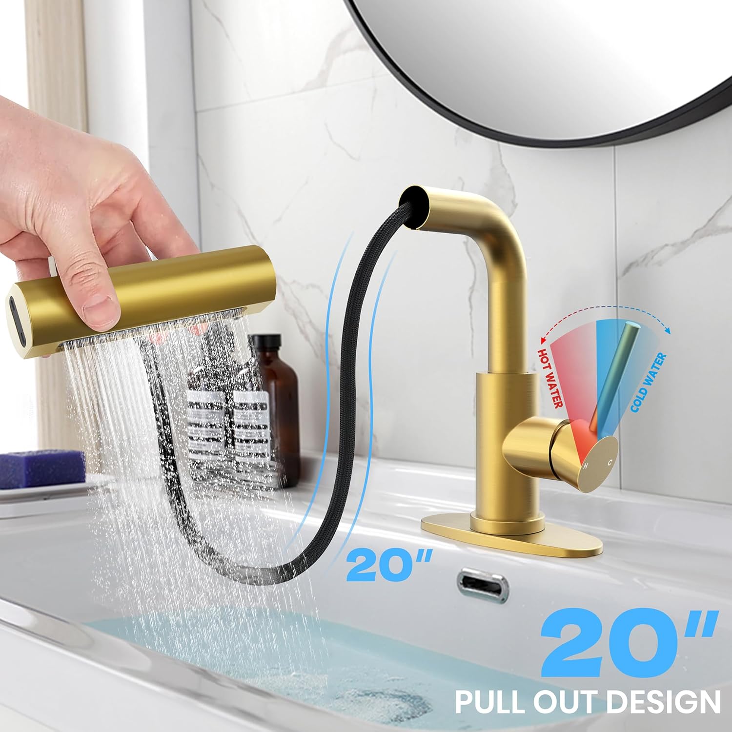 Gold Bathroom Faucet with Sprayer - Brushed Gold Bathroom Faucets for Sink 1 Hole or 3 Holes, 4 Mode Single Handle Vanity Faucet Waterfall Bathroom Faucet with Pull Down Sprayer (No Drain) - Image 4