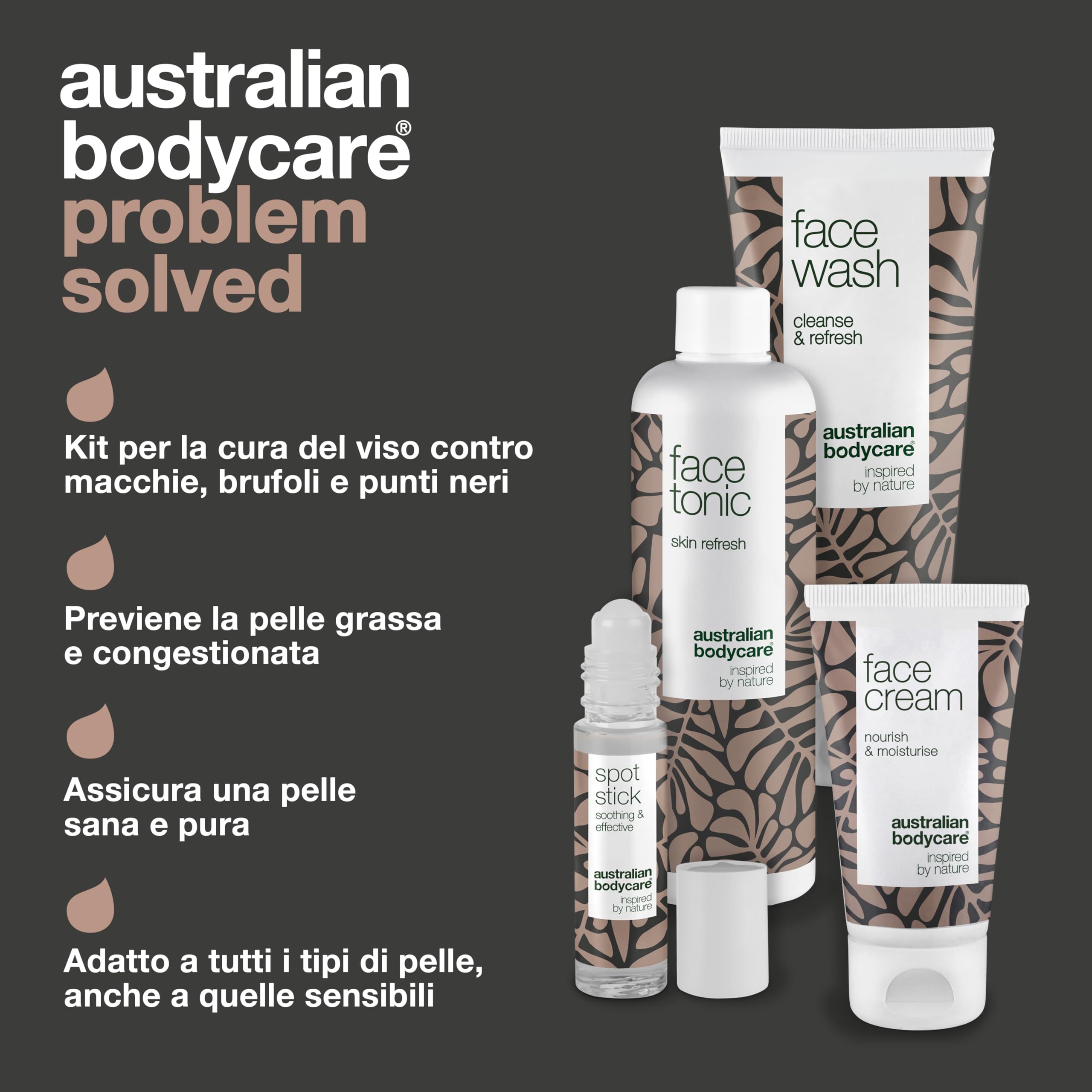 4 prodotti per il viso di Australian Bodycare – Contro macchie, brufoli, pelle grassa e acne. Con Tea Tree Oil australiano di qualità farmaceutica - Detergente, tonico, crema e spot stick