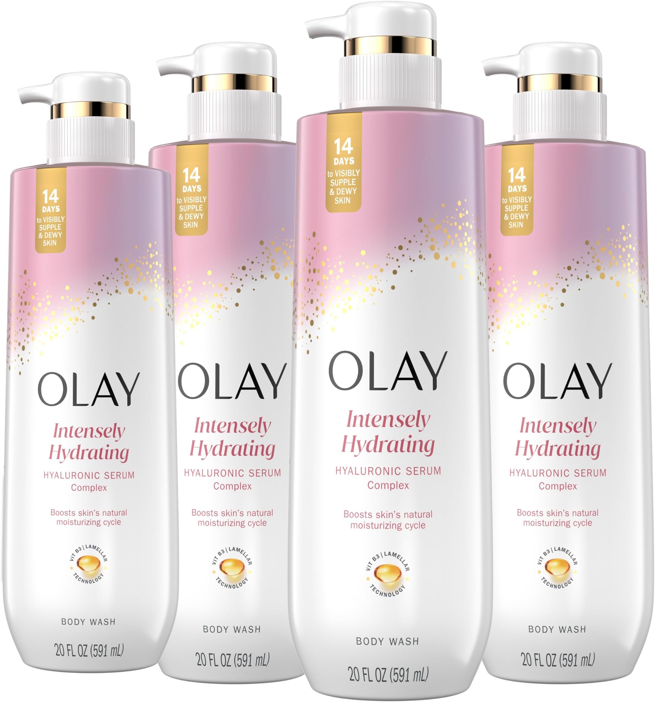 Body Wash for Women, Intensely Hydrating, Hyaluronic Acid Serum Complex, Renews Moisture, Free of Parabens & Phthalates, Vitamin B3 Lameller Technology, For All Skin Types, 20 fl oz (Pack of 4)
