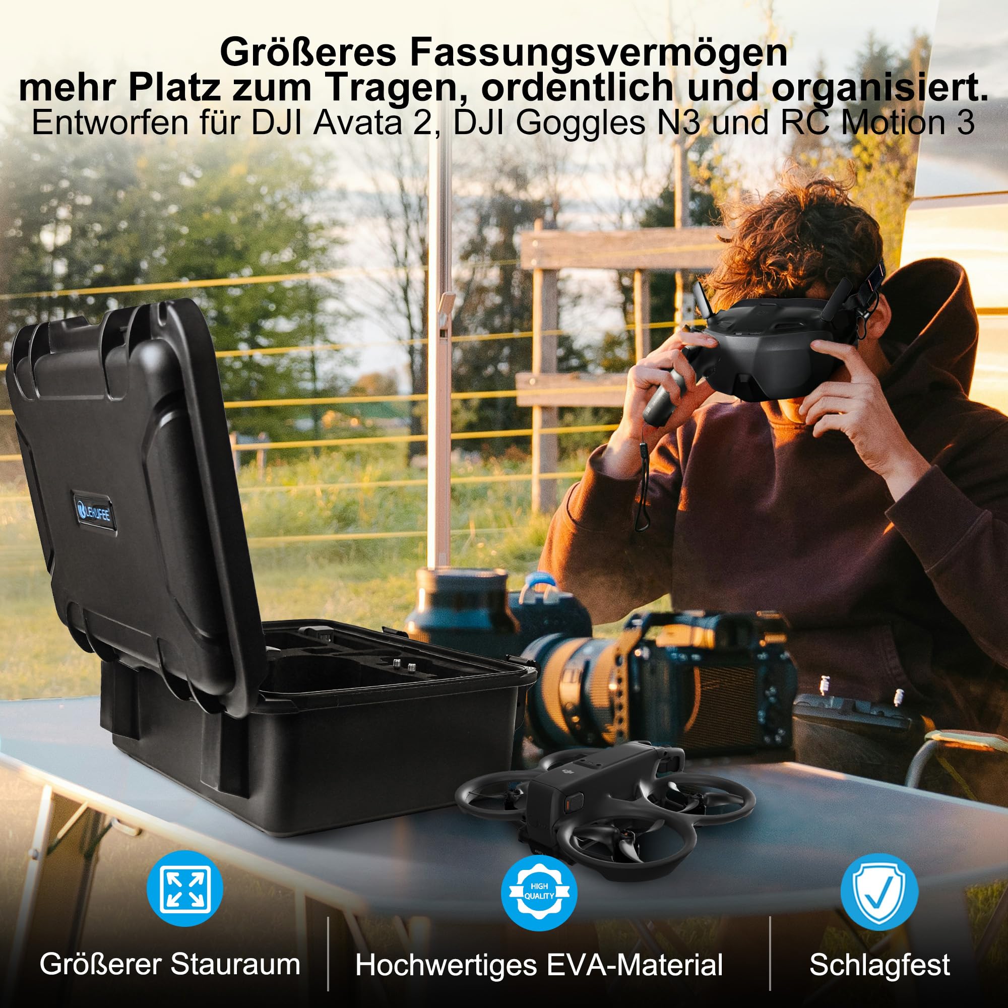 LEKUFEE wasserdichte Hartschalen-Tragetasche für DJI Avata 2 Drohne, Fly More Combo, DJI Goggles N3/3/Integra, RC Motion 3/2, FPV Remote Controller 3/2 und weiteres Zubehör (Nur Koffer)
