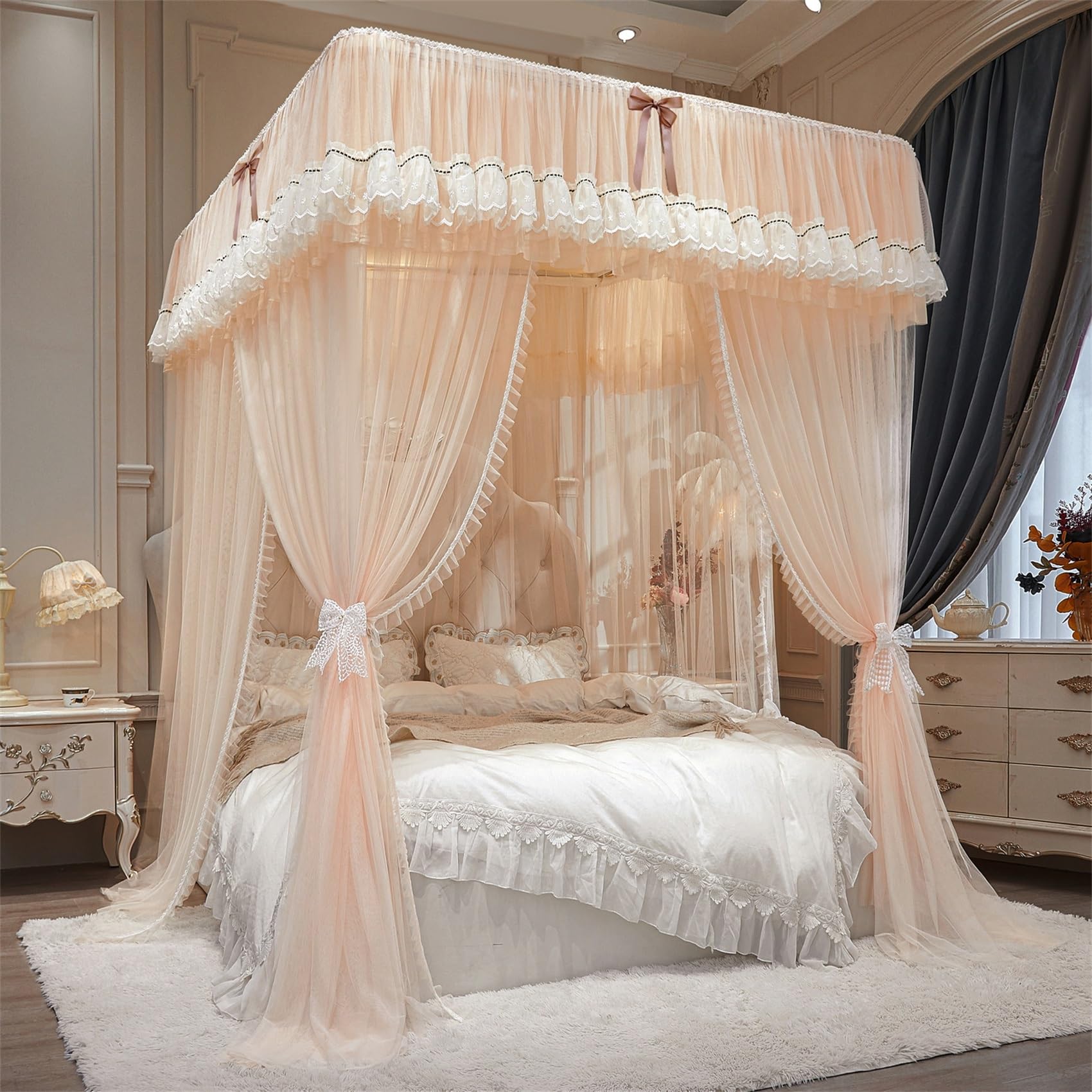 GUOIOOI Bed Canopy,Dream Ruffle Lace Double Layer Princess Canopy Bed Curtains with Frame for Queen/Full Bed – Romantic Privacy for Light-Sensitive Adults Bedroom Decoration(Apricot,King/2x2.2M)