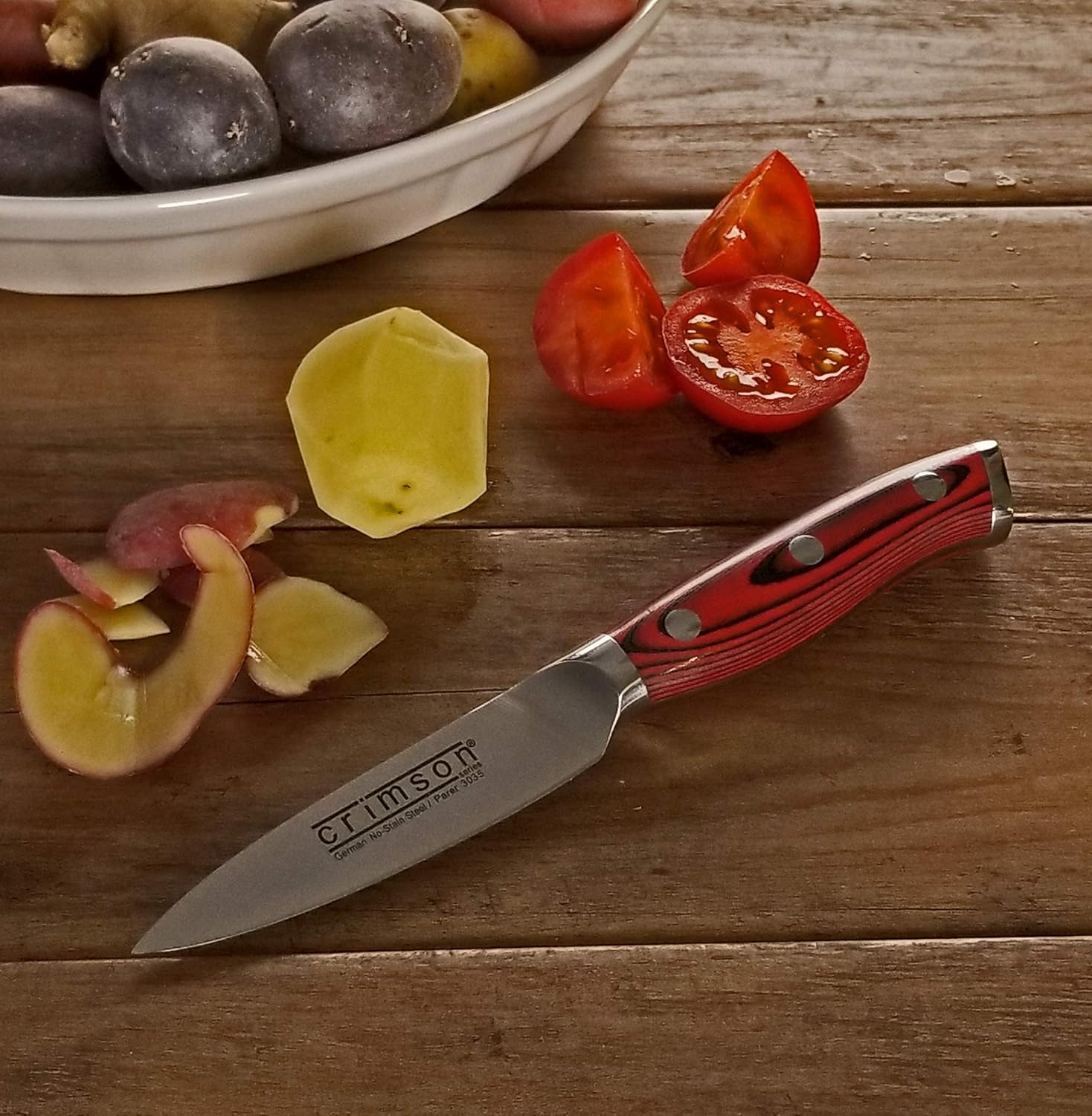 Ergo Chef Crimson Series 6 Piece Set 8-In Chef knife, 8-In Off-Set Bread Knife, 3.5-In Paring Knife, 3 Knife Covers/Edge Guards - Forged German Stainless Steel - Durable G10 Handless