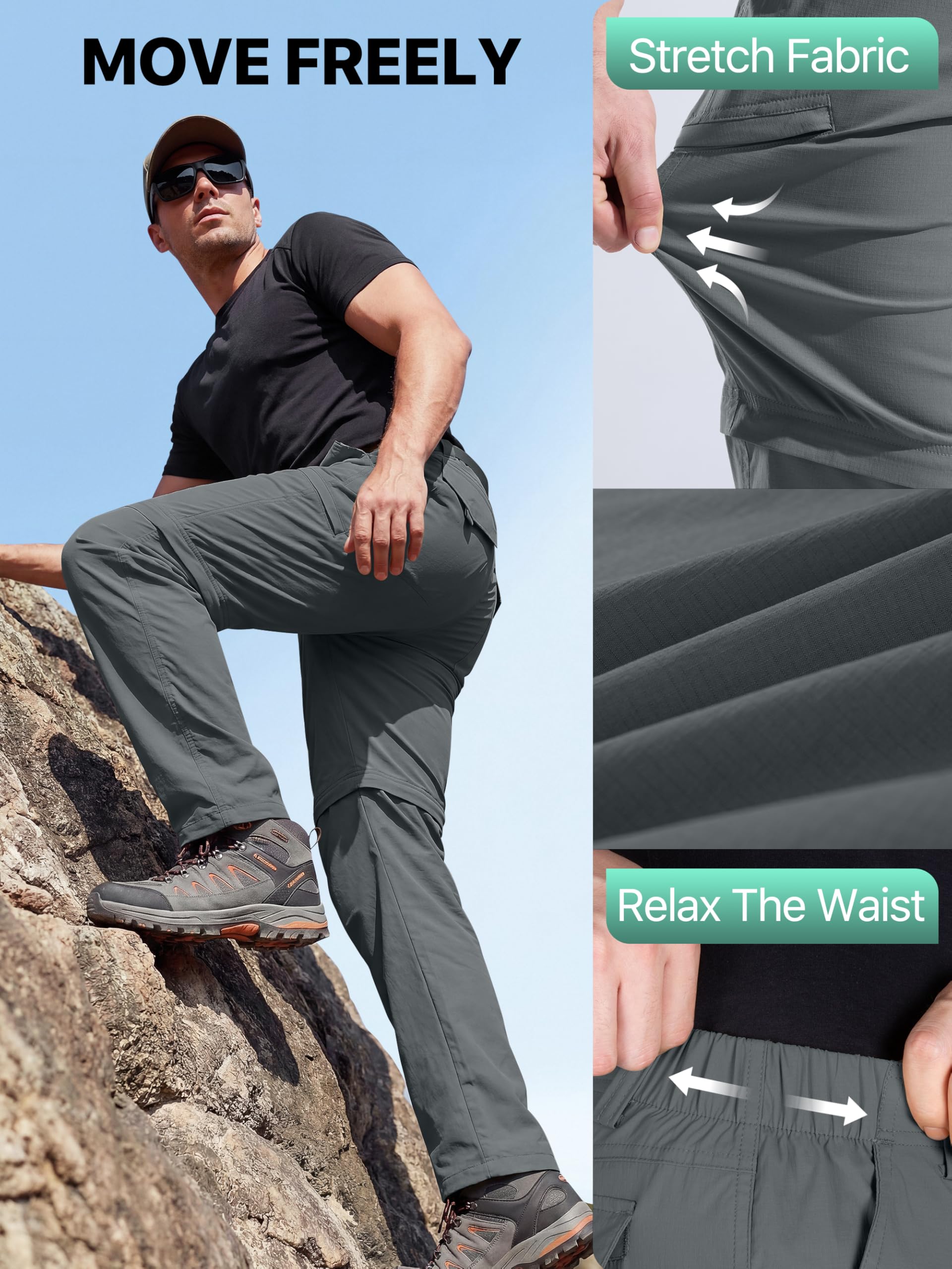 Free Soldier Pantalon convertible de randonnée pour homme Résistant à l'eau UPF 50+ - Gris - 34W x 30L