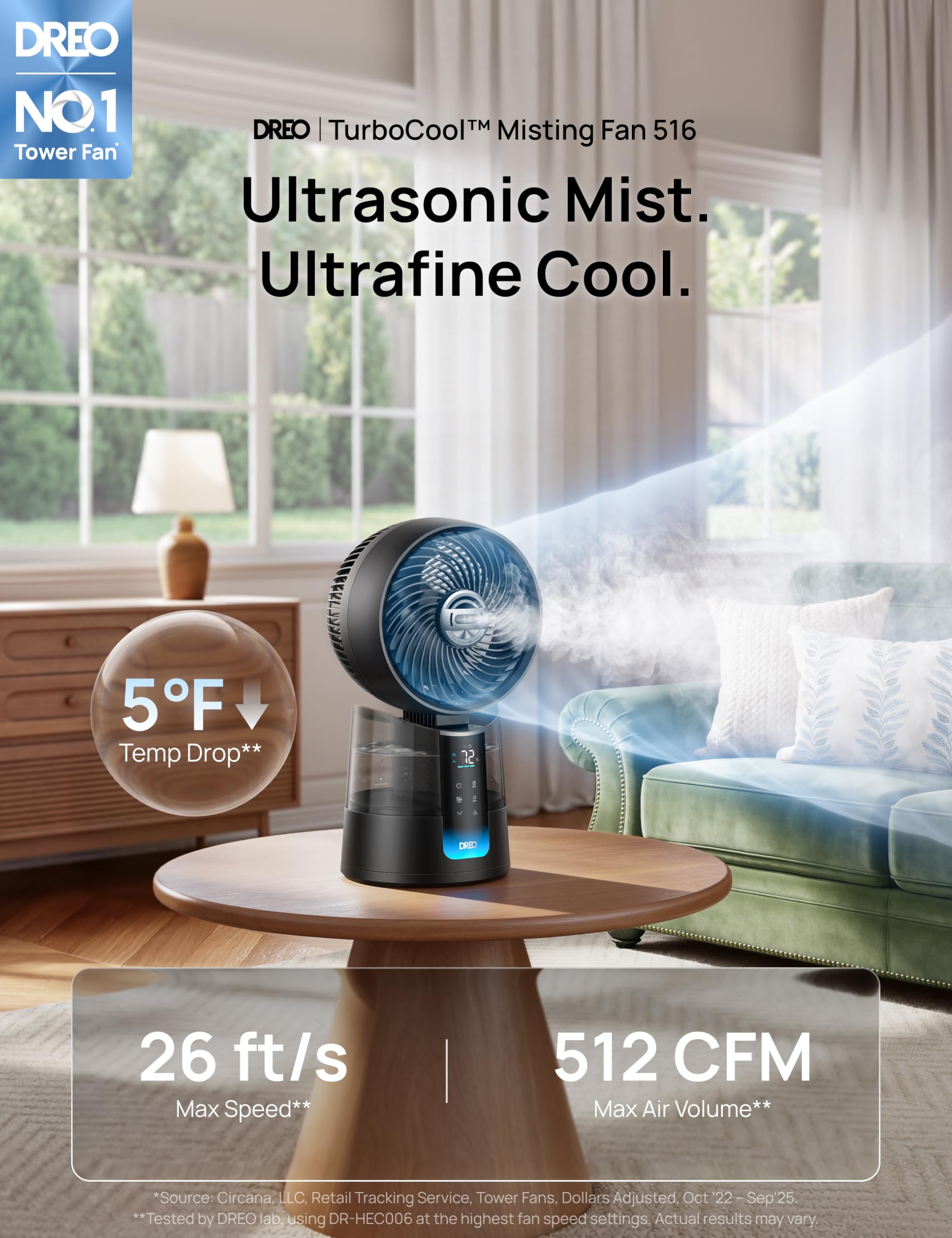 DREO TurboCool 516 Nebelventilator omnidirektionaler oszillierender Computerkühler, 150°+30°, Verdunstungsluftkühler, 7,9m/s Wind, ultradünner Nebel, 20dB
