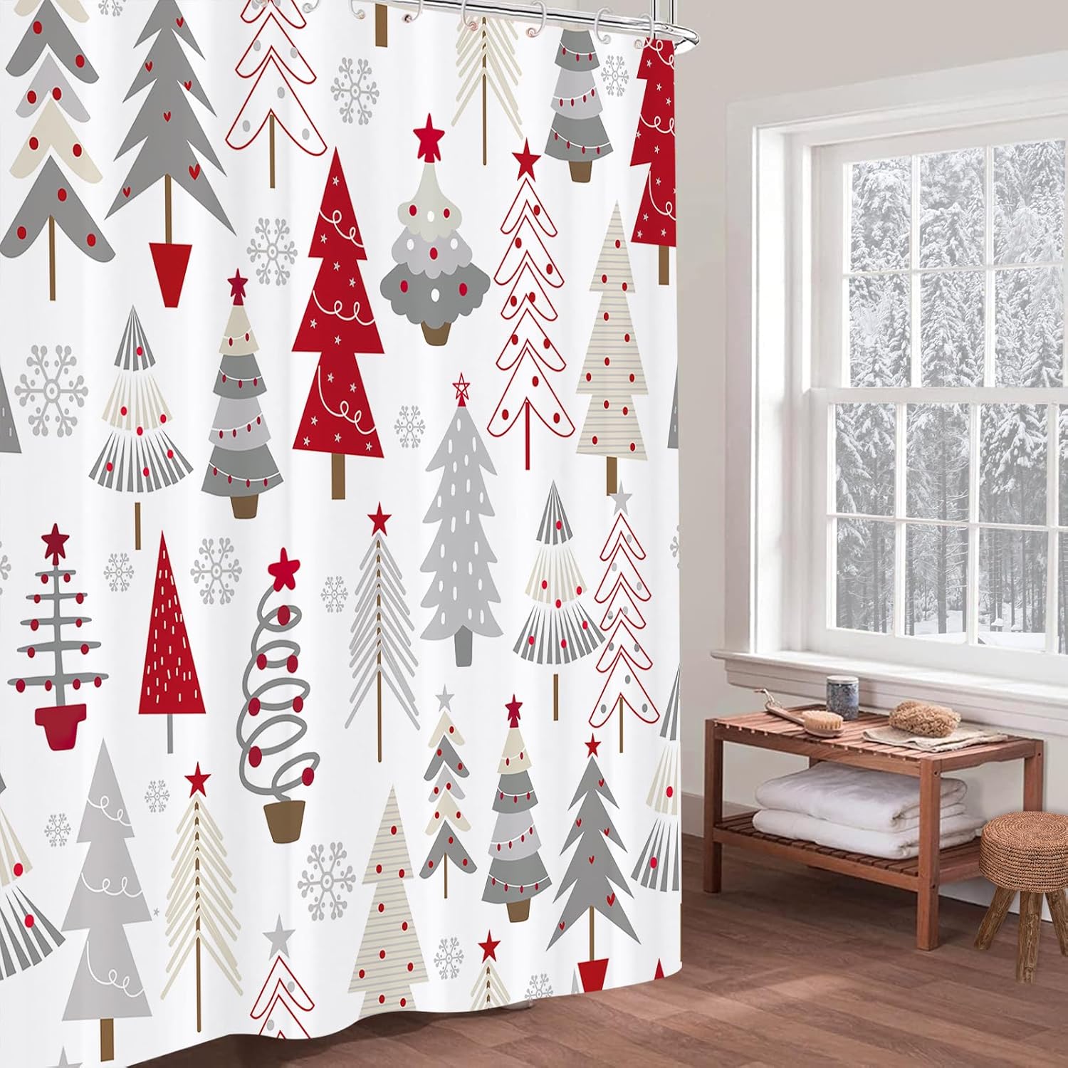 Cortina De Ducha Navideña Con Copos De Nieve De Invierno Cortinas Impermeable Decoración