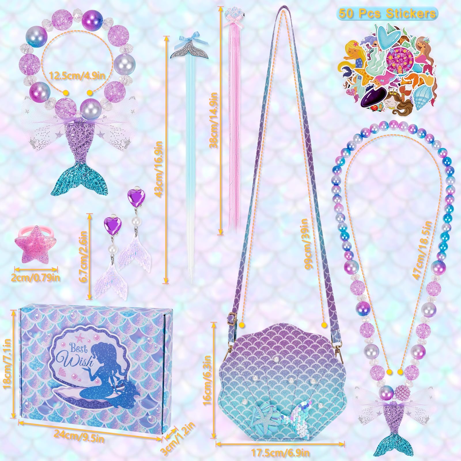 BTHRORO Mermaid Purse for Little Girls Toddler Crossbody Bags with Dress Up Jewelry Set Mermaid Necklace Bracelet Ring Shell Earrings Hair Clips Stickers Pretend Play Gifts Kids Accessories - Image 2