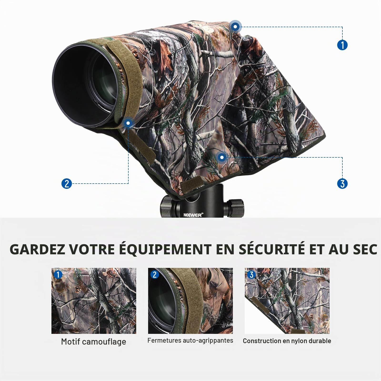 NEEWER Housse de Protection Contre la Pluie pour Appareil Photo Reflex numérique Canon, Sony, Nikon, Fujifilm et objectifs jusqu'à 400 mm, Camouflage des Deux côtés, en Nylon Vert PB020