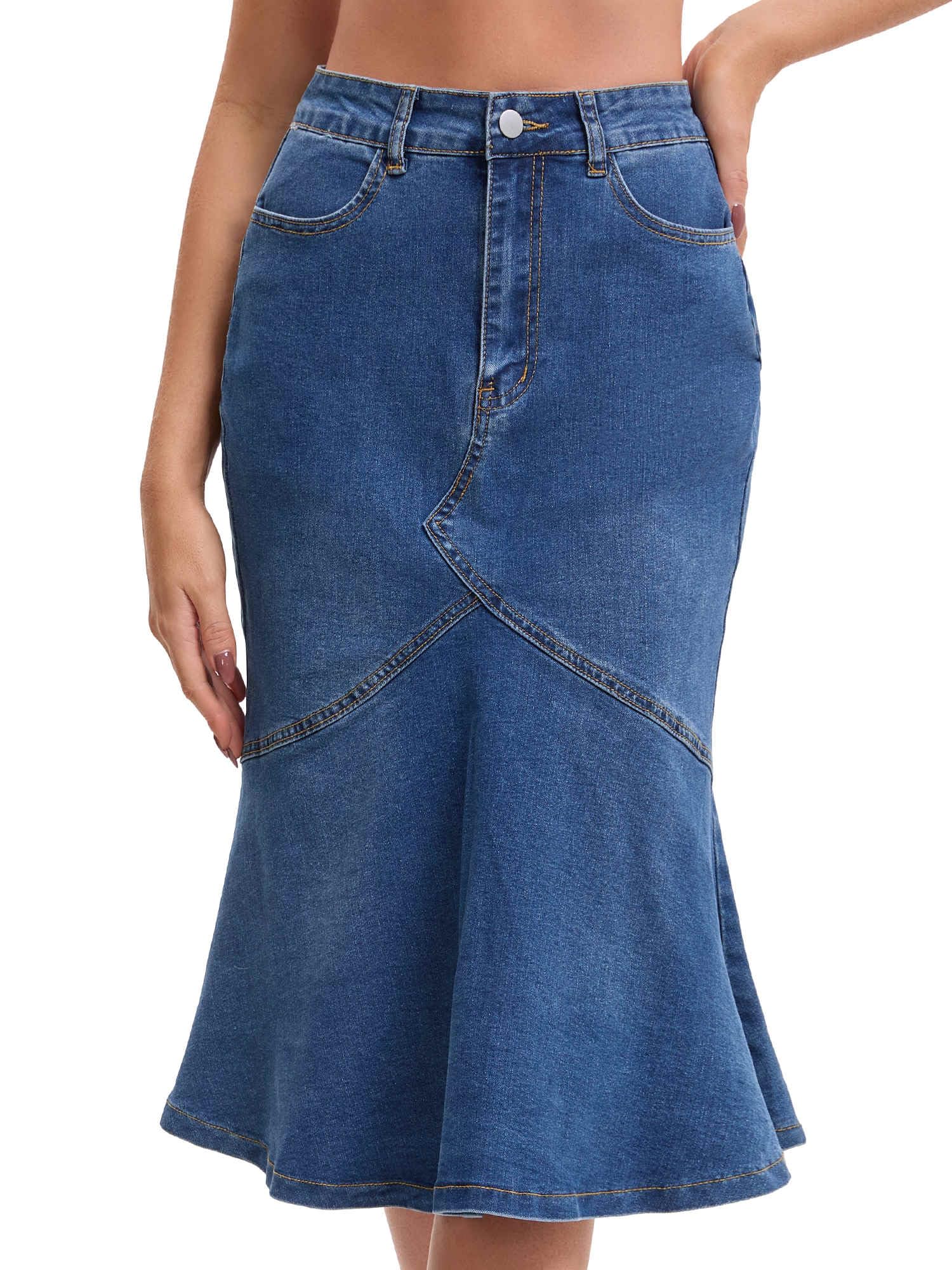 Damen Midi Jeansrock mit Fischschwanzsaum