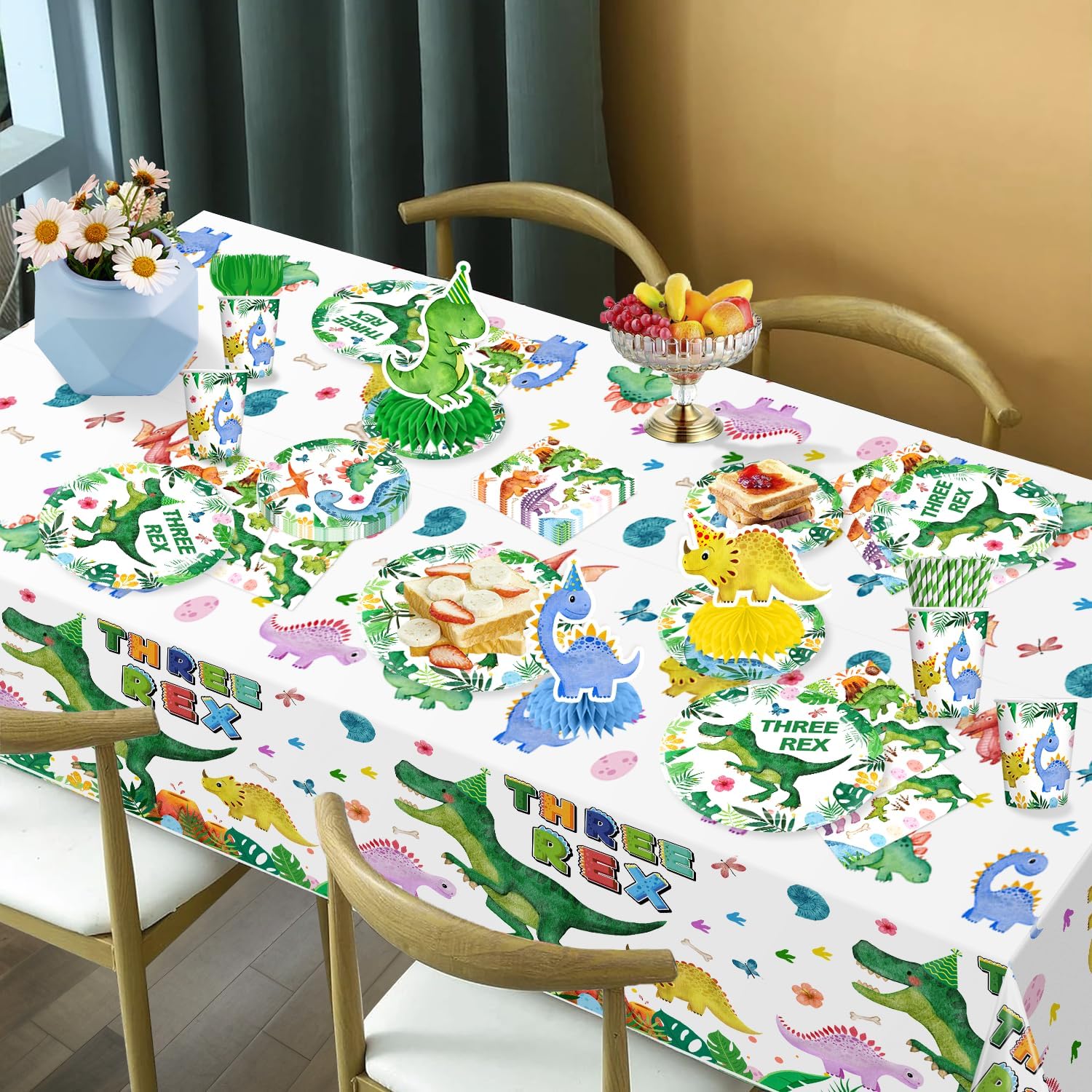 Three Rex Birthday Decorations Boy - 187 Pieces Set for 25 Guests, Includes Tableware, Banner, Hanging, Balloon, Cupcake Topper, Tablecloth- Perfect for 3rd Birthday & Dinosaur Theme Parties