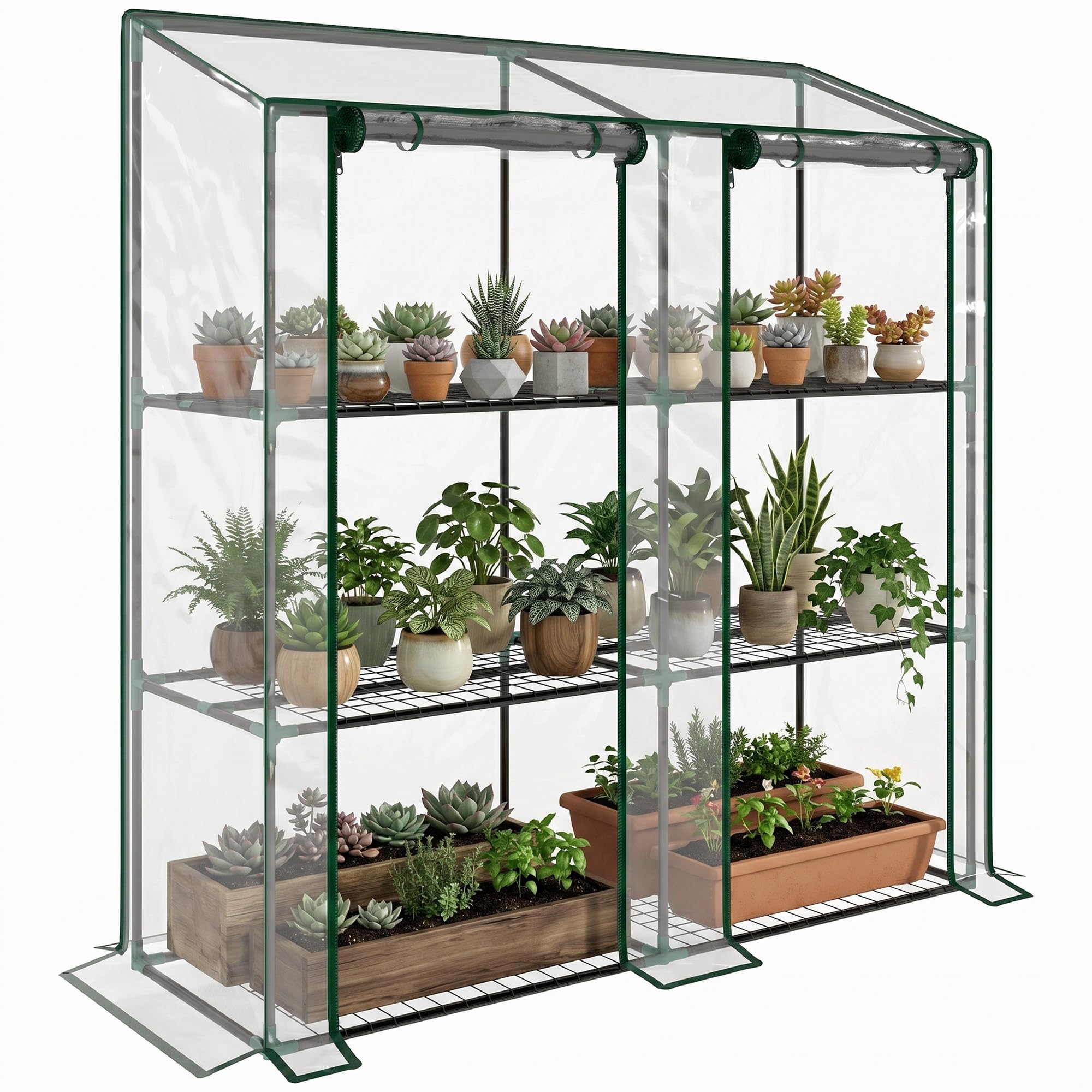 Outsunny Unisex Clear 3 Tier Mini Greenhouse Portable Green House With Roll-Up Doors, 151H X 143Wcm In