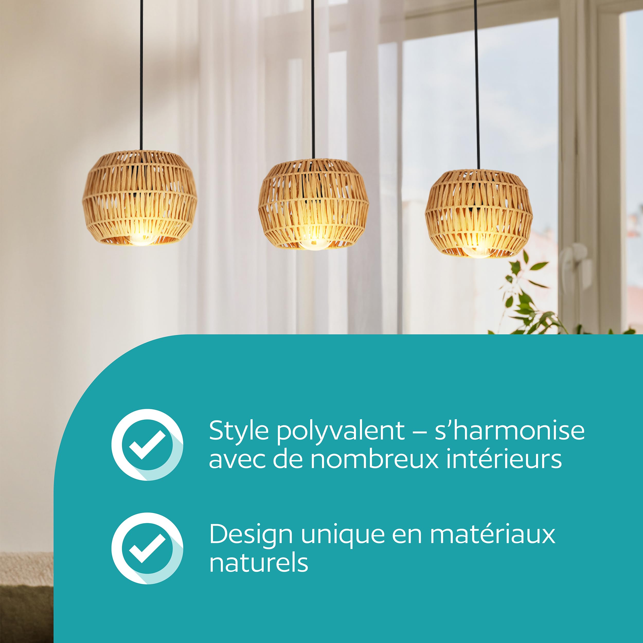 Eglo Suspension luminaire Sheldon, plafonnier suspendu pour salle à manger | à 3 lampes, lustre bohème, abat-jour en raphia papier, douille E27, 91 cm
