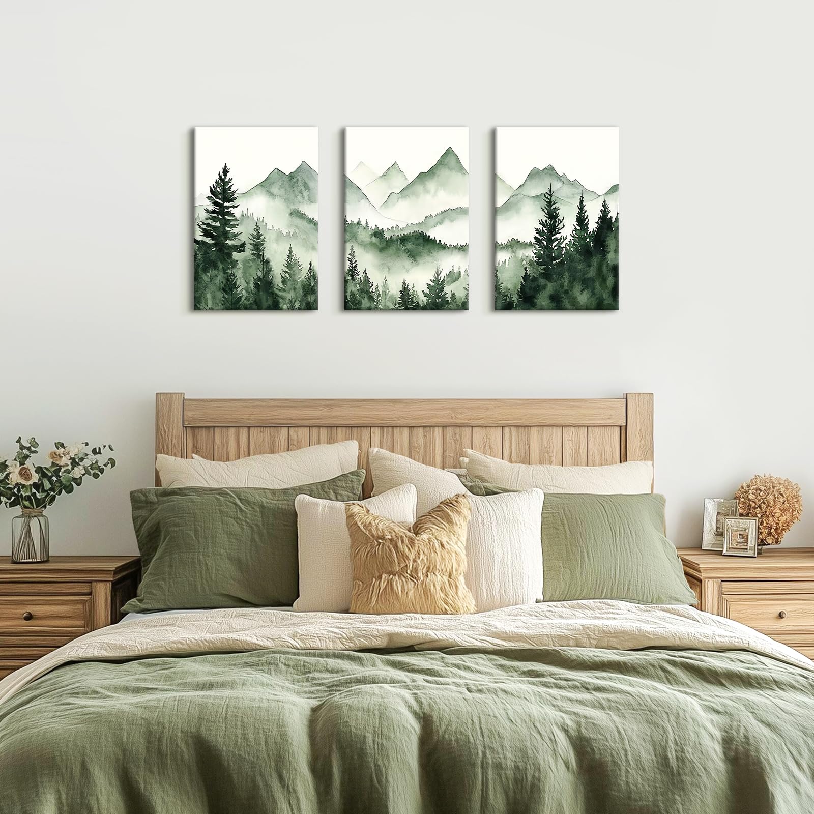 WENGTIAO 3 Stück Aquarell Berg Wald Leinwand Bilder Kunstdrucke Gerahmtes Bild Natur Landschaft Neblige Baum Berg Wandbilder auf Leinwand für Modern Wohnzimmer Schlafzimmer Wanddeko 40x60cmx3