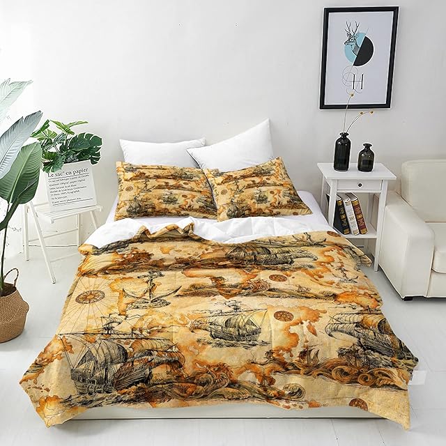 ANHOPE Nautical Duvet Cover Set Soft Comforter Cover Set with Retro Sailboat Anchor Dragon Print Pattern 3 Piece Bedding Set with Pillowcase All Season Quilt Cover with Zipper for Kids Adults Single