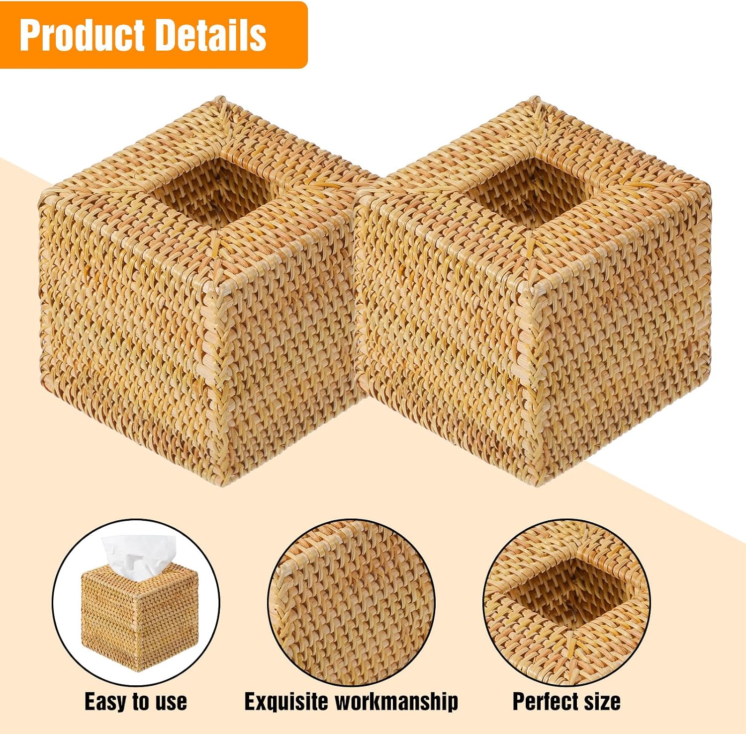 2 Pack Square Rattan Tissue Box Cover, Natural Wicker Tissue Box Holder Hand Woven, Decorative Facial Tissue Holder for Bathroom, Living Room, Office, Car, 5.5 x 5.5 x 5.5 Inches