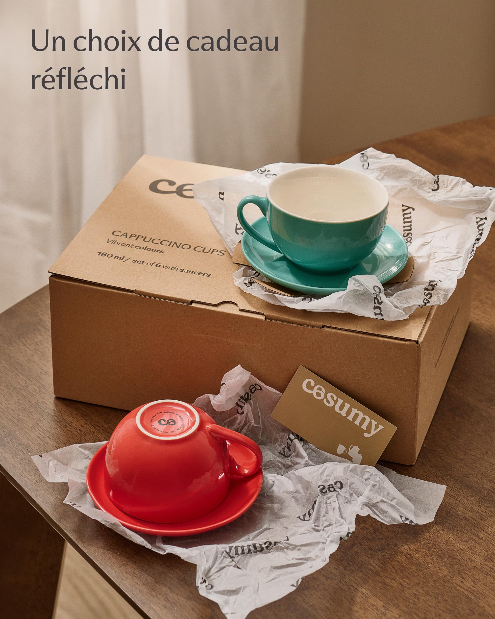 Cosumy Lot de 6 Tasses à Cappuccino Multicolore avec Soucoupes - 180ml Céramique Garde la Chaleur - Tasse à Cappuccino Empilables & Lave-vaisselle - Service à Café avec Anse - Service à Café - Coffret