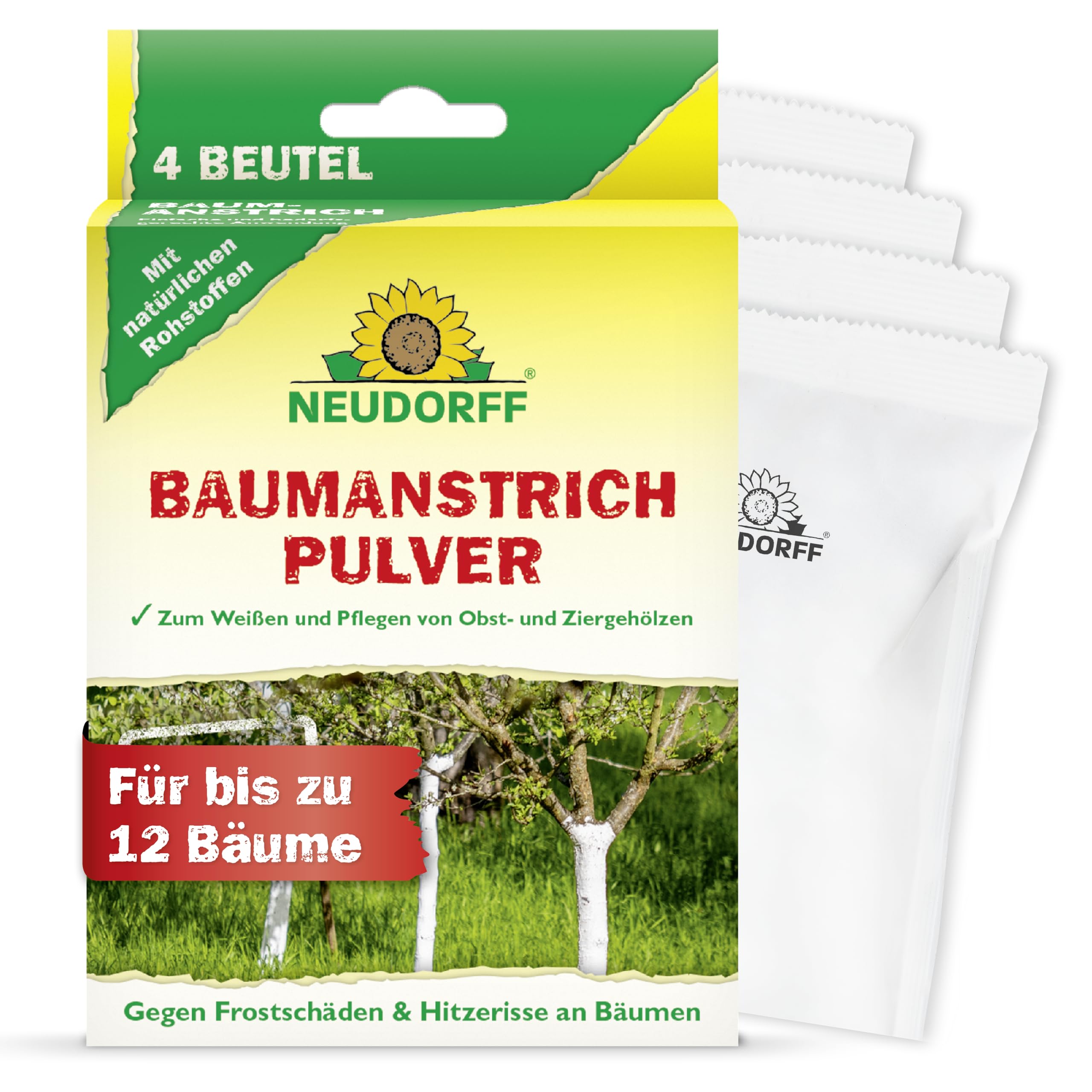 Neudorff Baumanstrich Pulver – Kalkanstrich zum selbst anmischen ohne Eintrocknen zum natürlichen Weißen und Pflegen Obstbäumen und Beerensträuchern, 4 Beutel für bis zu 12 Bäume