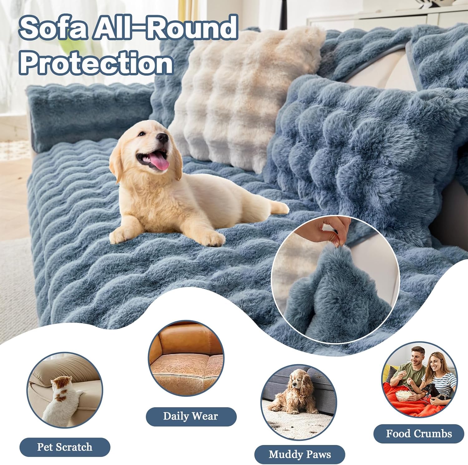 DREAMINGO Faux Fur Couch Seat Cover, Soft Plush Sofa Covers for Pet Washable, Non Slip Furniture Protector for 3 Cushion Couch Sofa Sectional, 35.4x82.7 Inch, Blue