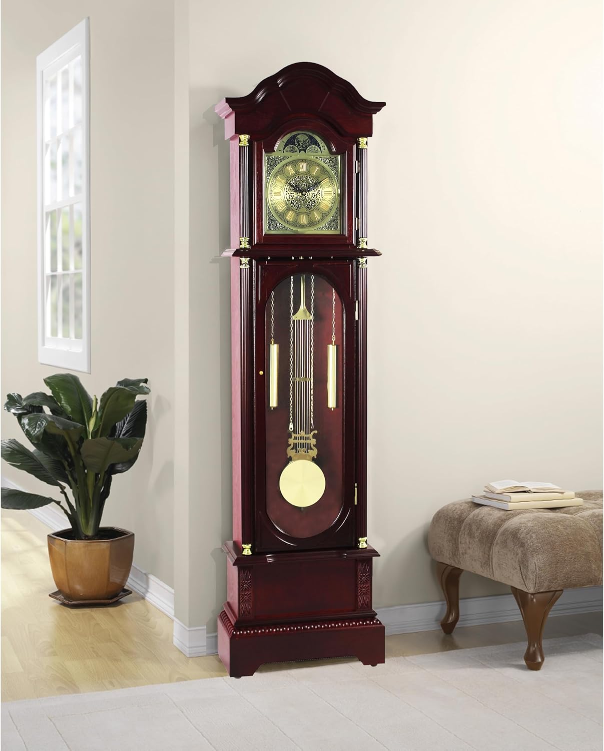 Traditional Floor Standing Grandfather Clock, 72-inch, Cherry Finish, Metal Dial with Roman Numerals, Westminster Chime, 19.25W x 71.63H inches, Battery Powered