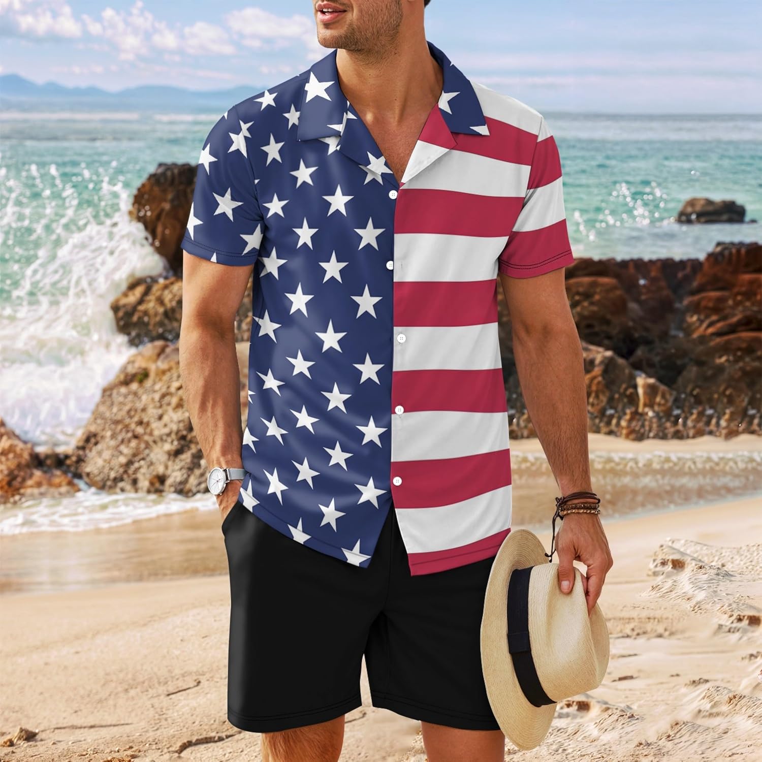 Mens American Flag Printed Casual Button Down Hawaiian Shirts Beach Aloha Patriotic Shirts for Independence Day