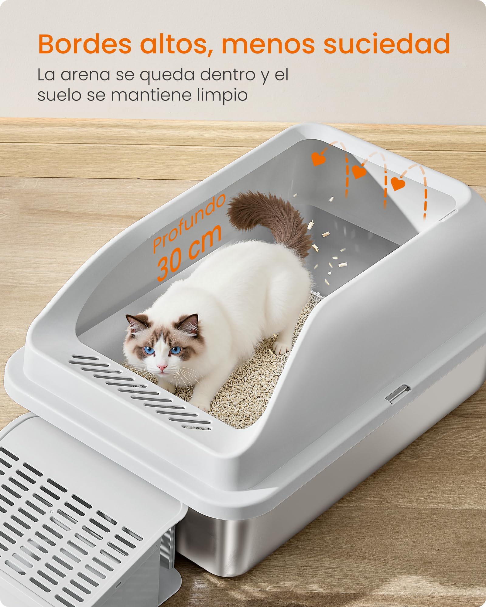 Feandrea Arenero para Gatos de Acero Inoxidable, Bandeja Alta con Apertura Superior, Escalón, Pala y Cepillo, para Gatos de hasta 15 kg, Gris Paloma PPT008GD01