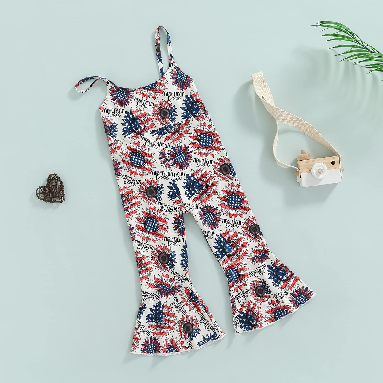 JLKGICF Toddler Girl Bell Bottom Romper Baby American Flag One Piece Jumpsuit 4th of July Flare Pants Overalls Playsuit(D Sunflower, 6-12 Months)