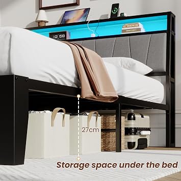 IRONCK King Size Bed Frame with LED Lights and Charging Station, 2 AC Outlets, 1 USB‑A, 1 USB‑C Port, 150x200 cm Stable Metal Bed Frame with Storage Shelf Upholstered Headboard, Easy Assembly, Black