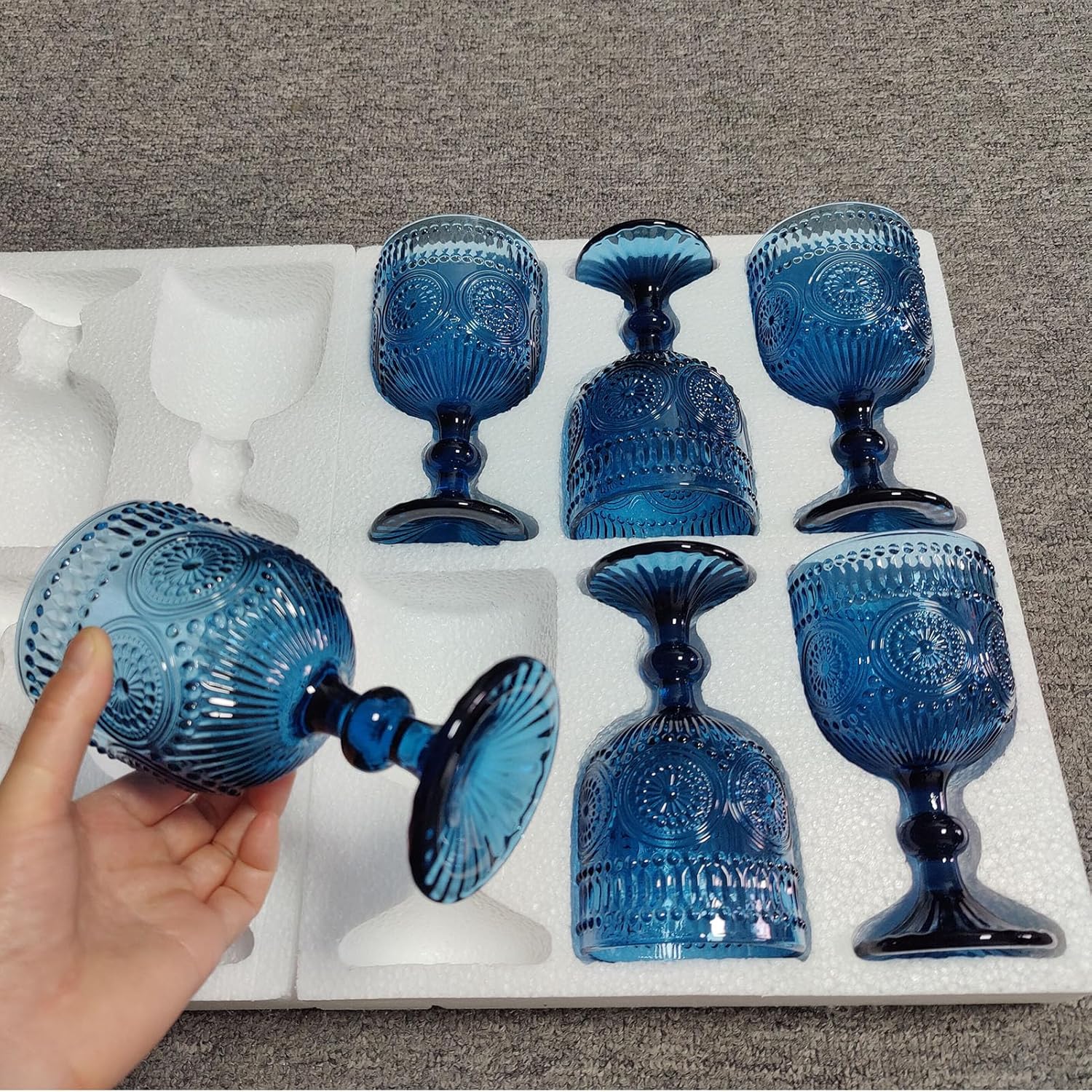 Blue Water Goblets Wine Glasses Drinking set of 6 Vintage Colored Glassware 12 Ounces Sunflower Stemmed Cups for Wedding Party Bars Restaurants - Image 4