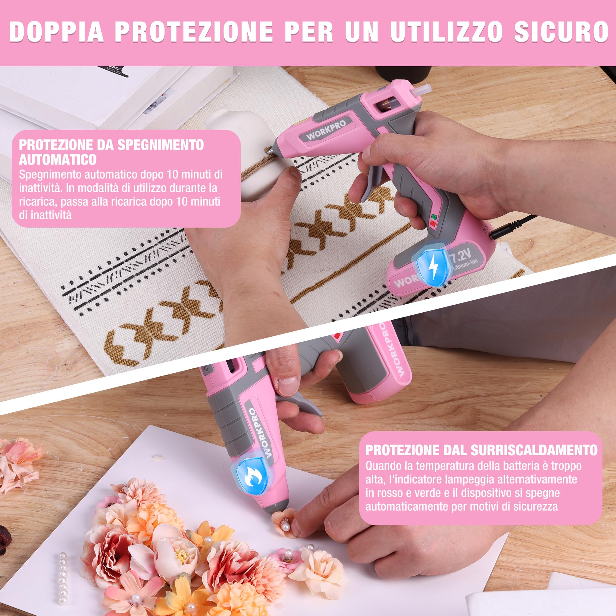 WORKPRO Pistola per Colla a Caldo 7,2V, a Batteria, Senza Fili e con Cavo, con 20 Stick di Colla, Riscaldamento Rapido in 30s, Ricarica USB-C, Erogazione Veloce, per Fai-da-te e Decorazioni