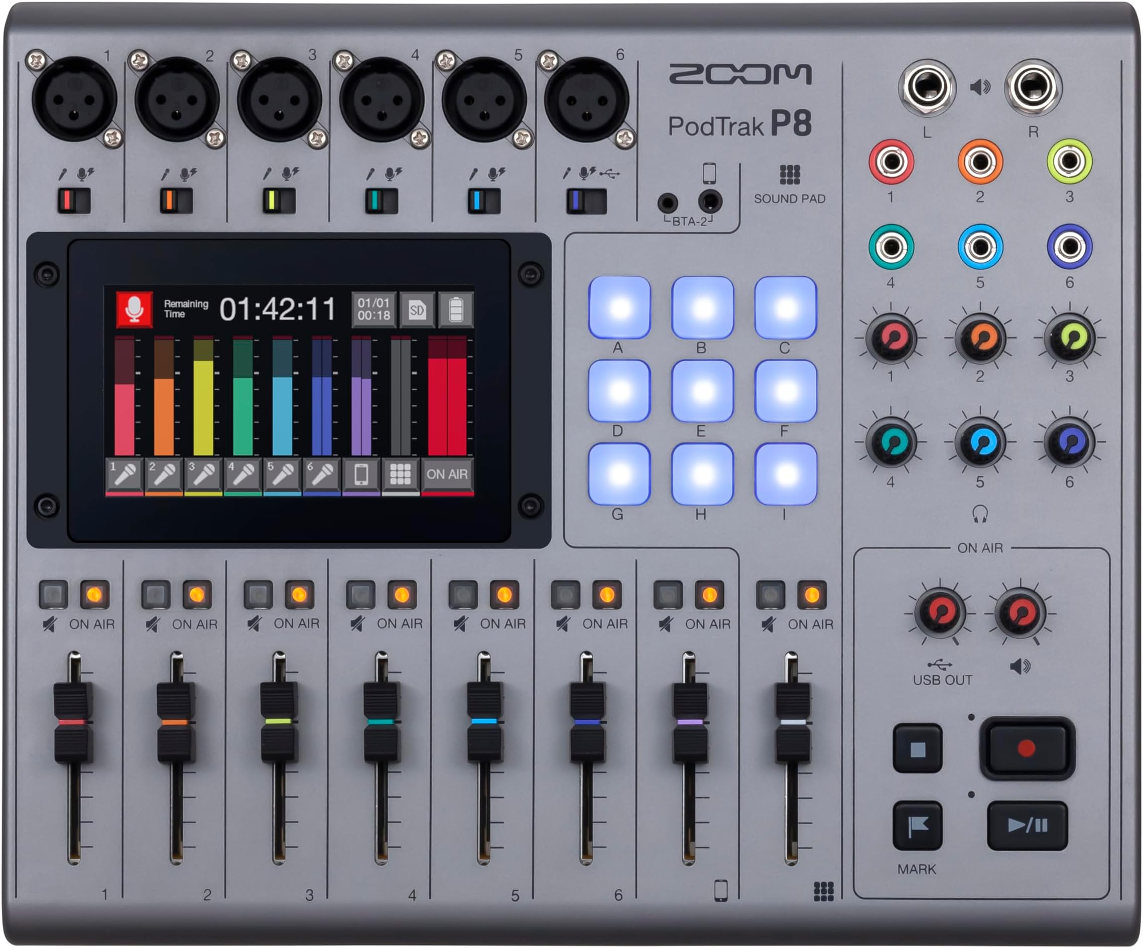 Zoom Podtrak P8 Podcast Recorder, 6 Microphone Inputs, 6 Headphone Outputs, Phone Input, Sound Pads, Onboard Editing, Record To Sd Card, Usb Audio Interface, Battery Powered