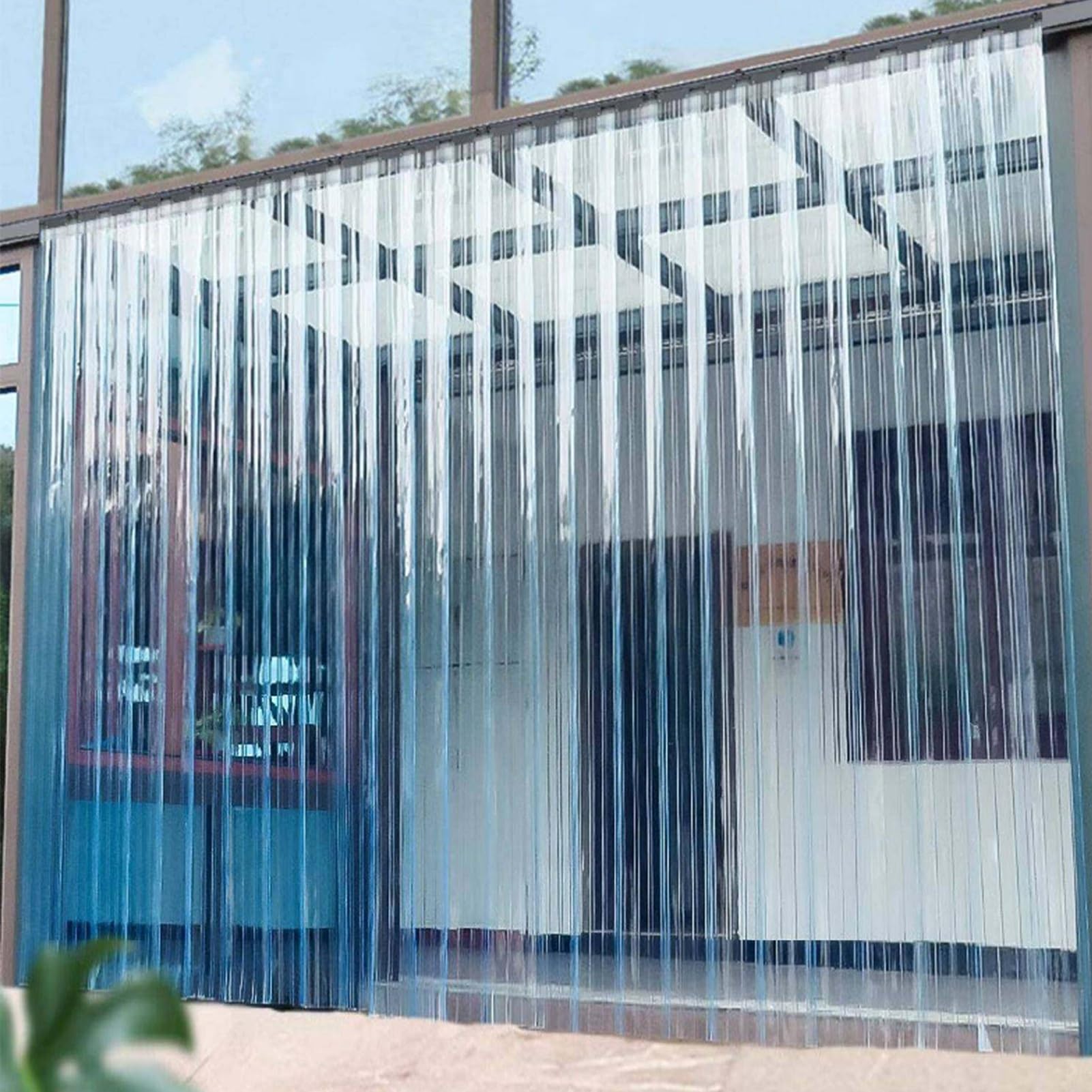 Rideaux de porte en vinyle bleu transparent avec bandes en PVC pour garage, stockage froid, 112 x 240 cm (l x L)