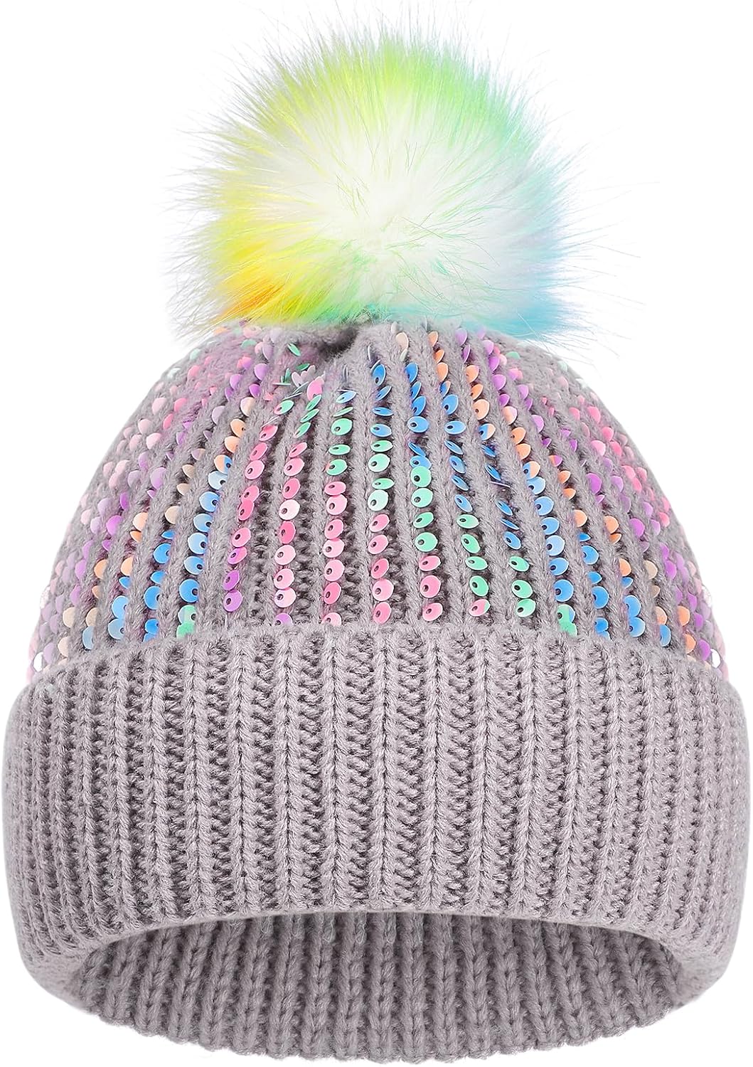 Kids Knit Winter Hats with Pompom for Ages 3-14 Girls Warm Snow Ski Cap with Sparkly Sequin or Pearl Rhinestones