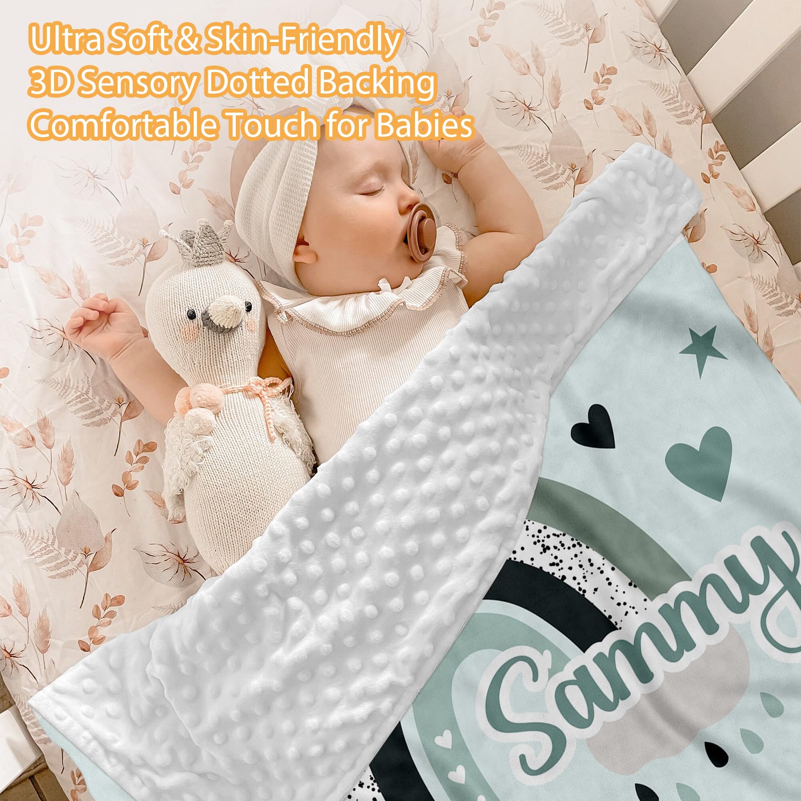 Individuelles Babybett-Bettwäsche-Set, 5-teilig, Regenbogen-Designs, personalisierte Namensdecke mit gepunkteter Rückseite, Kinderbettlaken, Wickelunterlage, Kissenbezug, Teppich für Neugeborene, Grün
