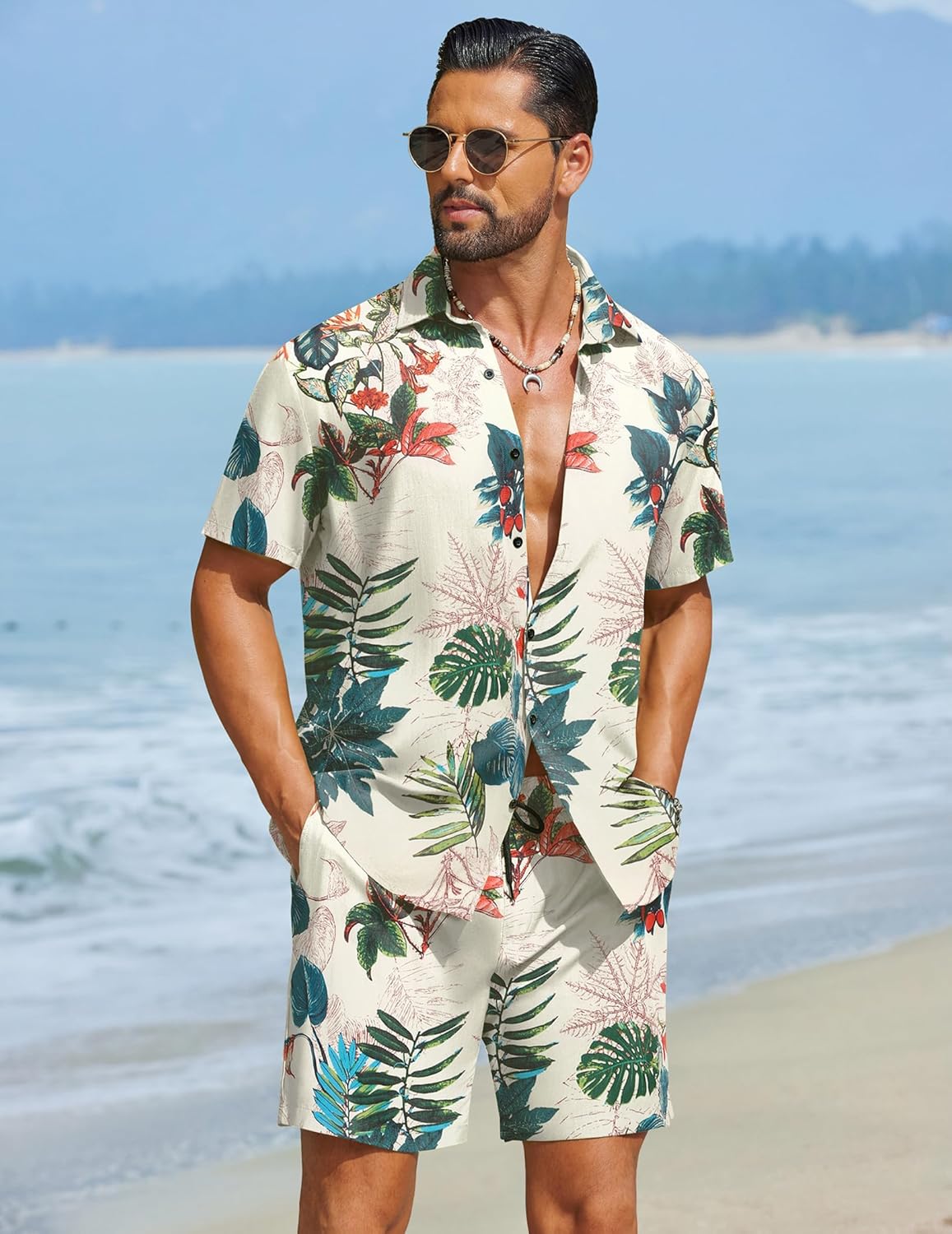COOFANDY Men's Hawaiian Matching Set Summer Beach 2 Piece Outfits Flower Button Down Shirts and Shorts Vacation Outfits - Image 4