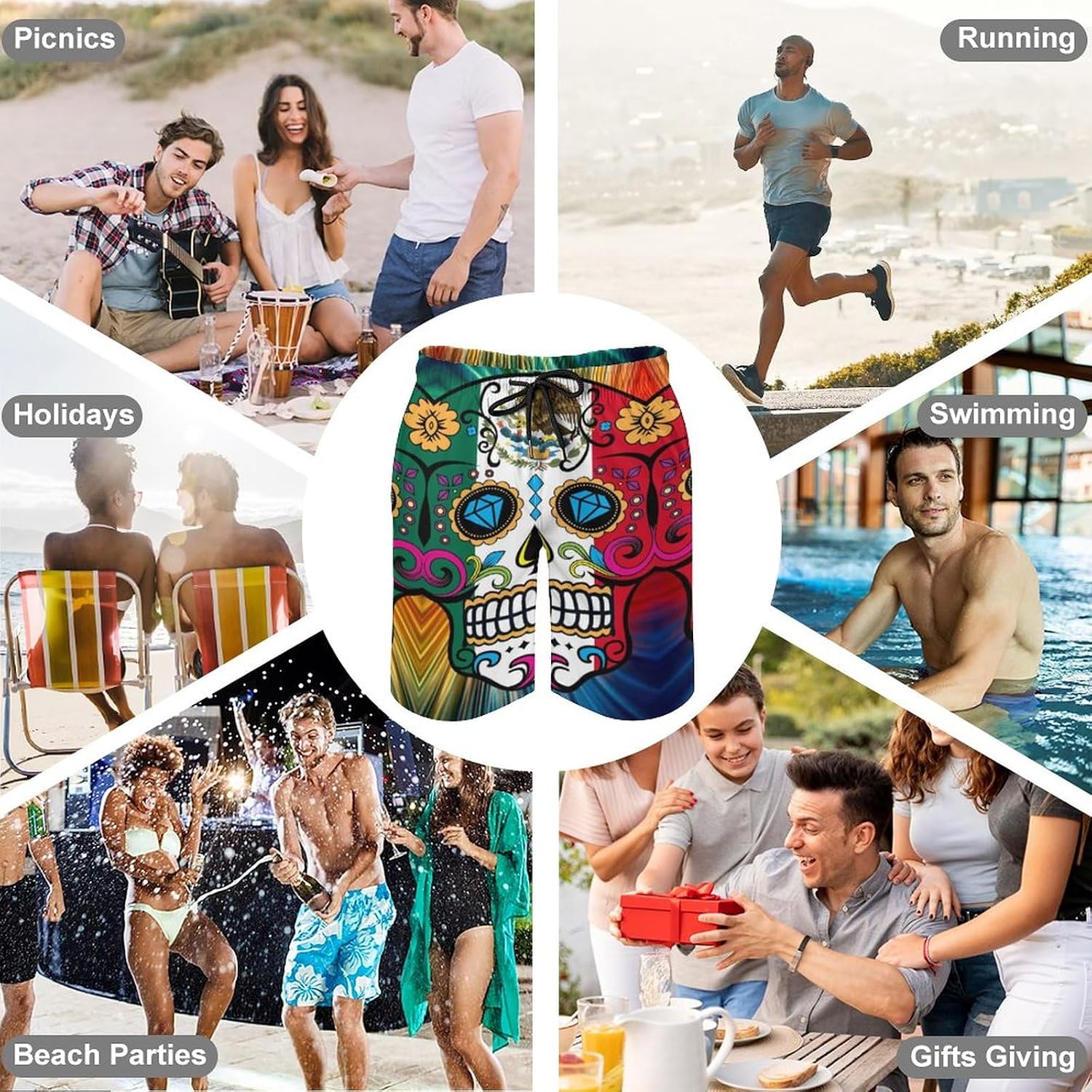 Mexican Sugar Skull Men's Summer Beach Shorts, Athletic Trunks