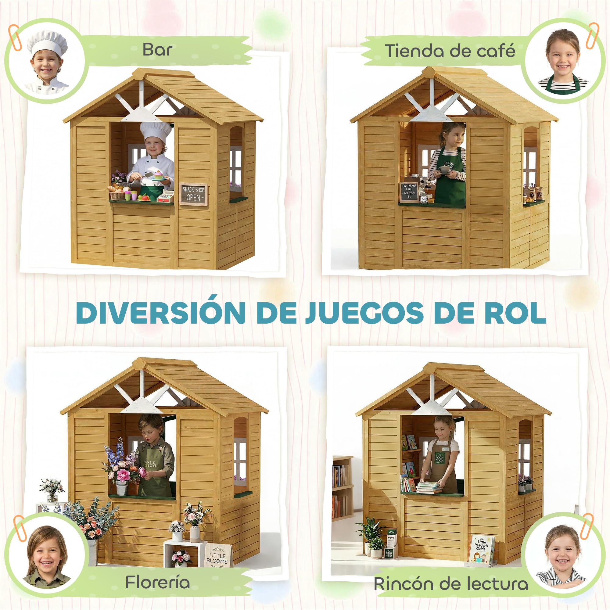 AIYAPLAY Casita Infantil Exterior e Interior de Madera, Casita Infantil con 2 Maceteros, 3 Ventanas, Media Puerta, Casa de Jardín para Niños de 3-8 Años, Marrón