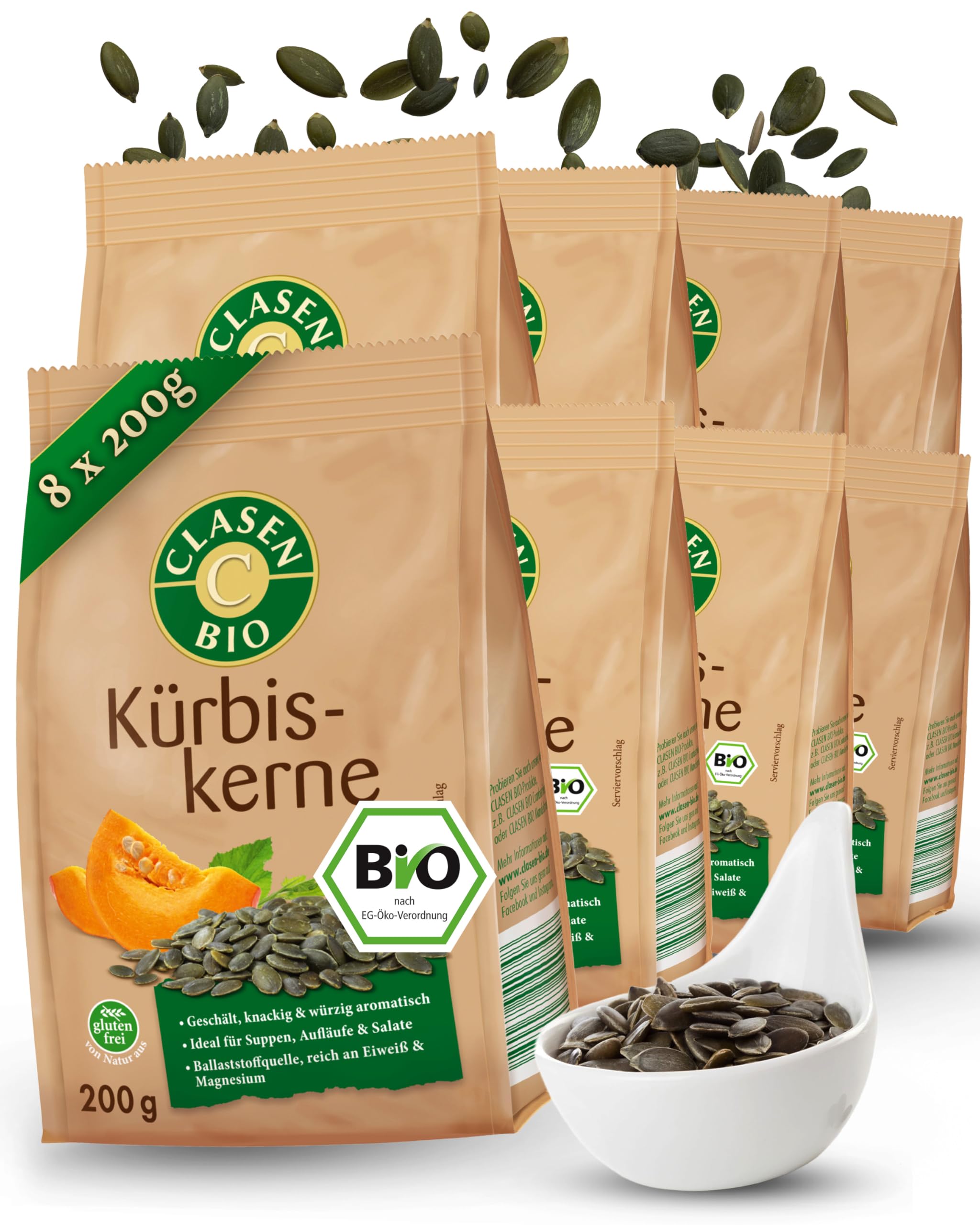 8x CLASEN BIO Kürbiskerne geschält, ideal als Snacks und zum Verfeinern - 200 g