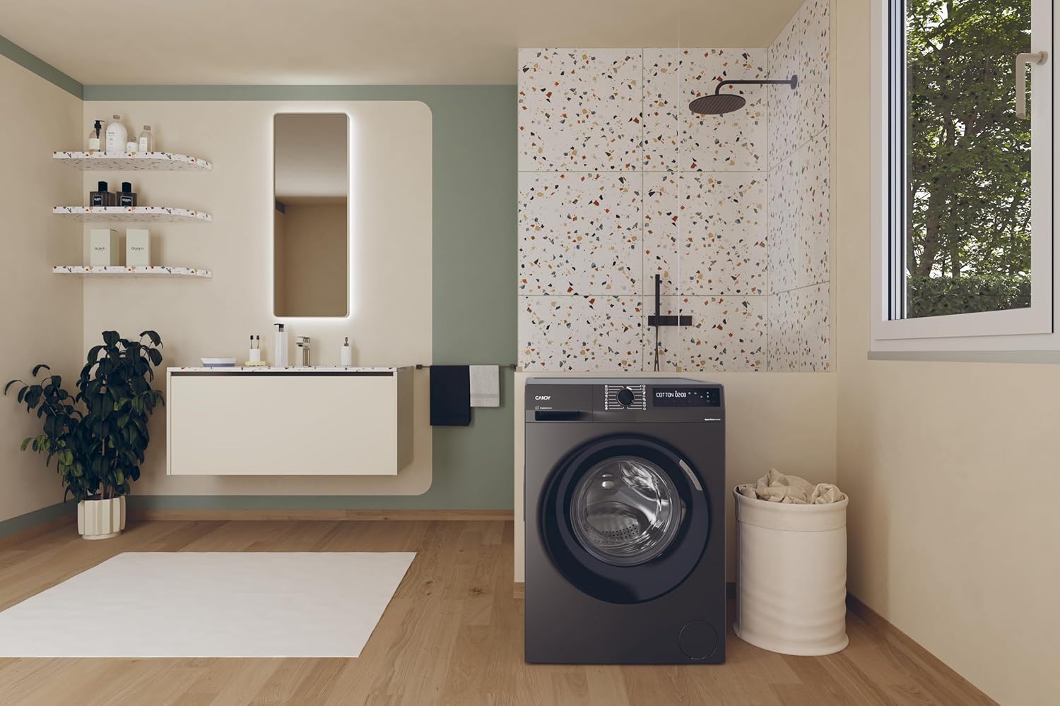 Candy ProWash 500 BR 410B8G-S Washing Machine in a Bathroom Setting