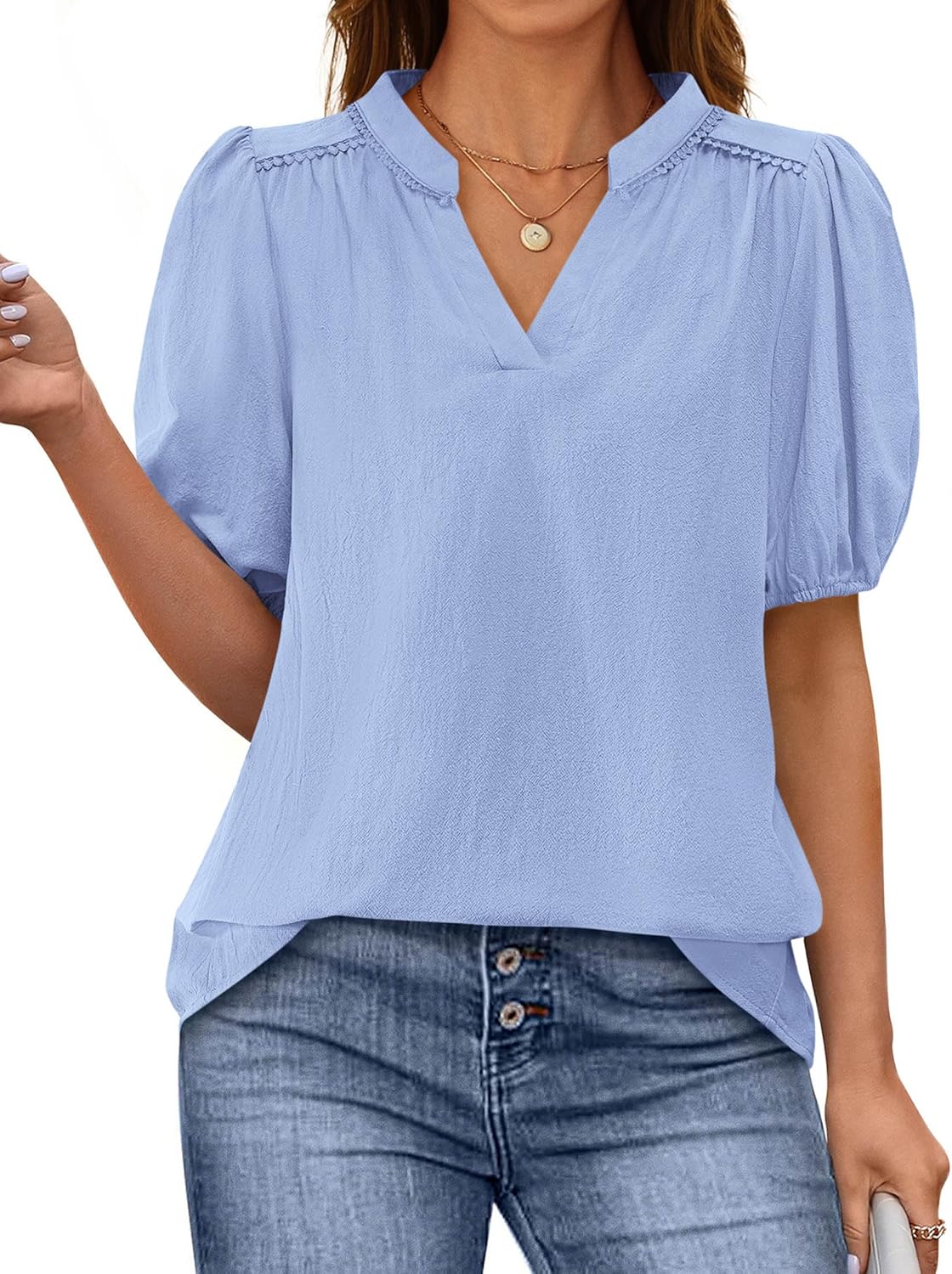 PRETTYGARDEN Womens Casual Summer Tops 2025 V Neck Short Puff Sleeve Pleated Cotton T Shirts Loose Dressy Blouses